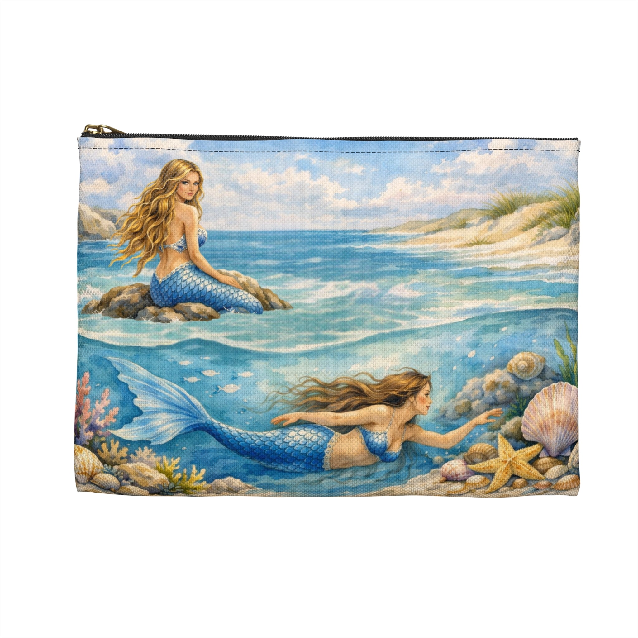 Mermaids Beach Accessory Pouch | Ocean Seashell Starfish Cosmetic Bag | Toiletry Bag for Beach Goer