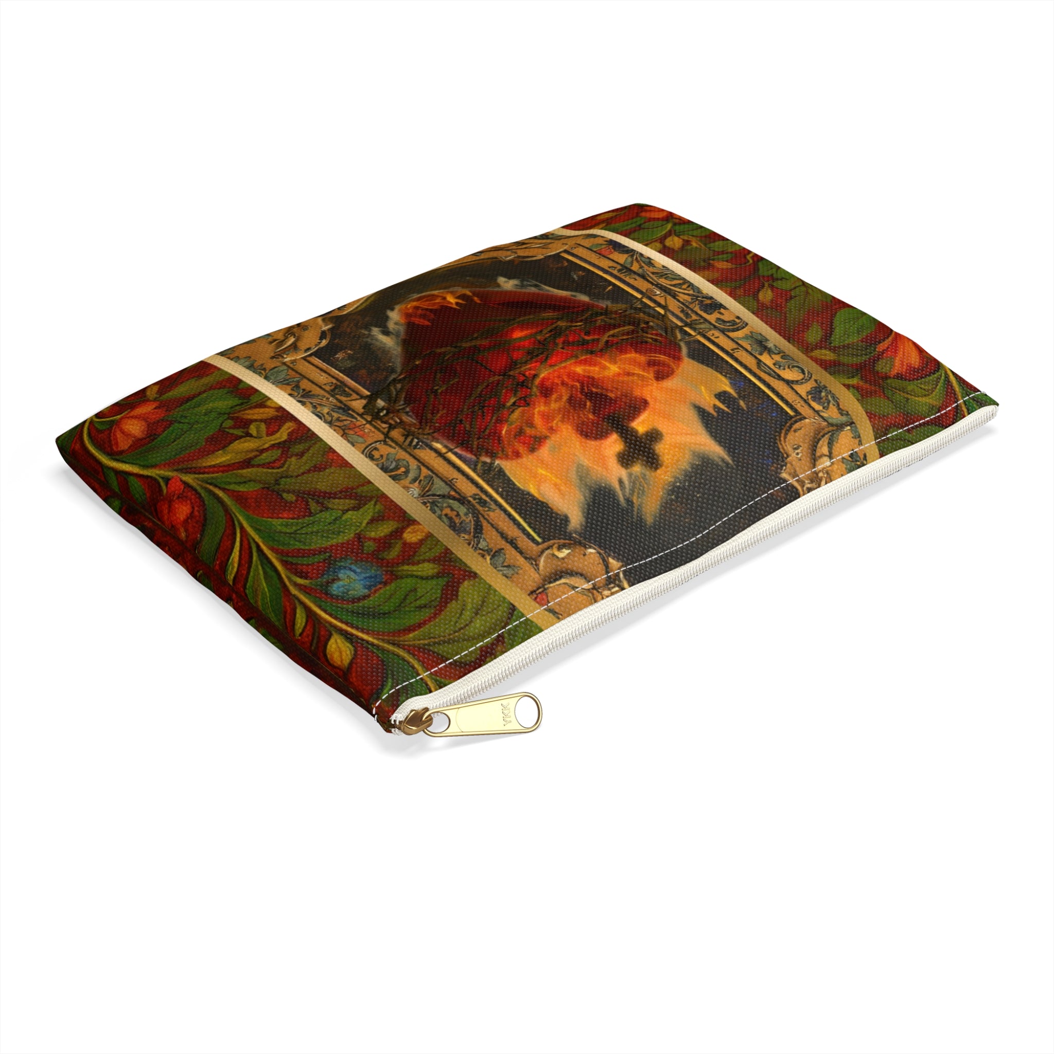 Flaming Sacred Heart Accessory Pouch | Gothic Religious Art, Floral Border