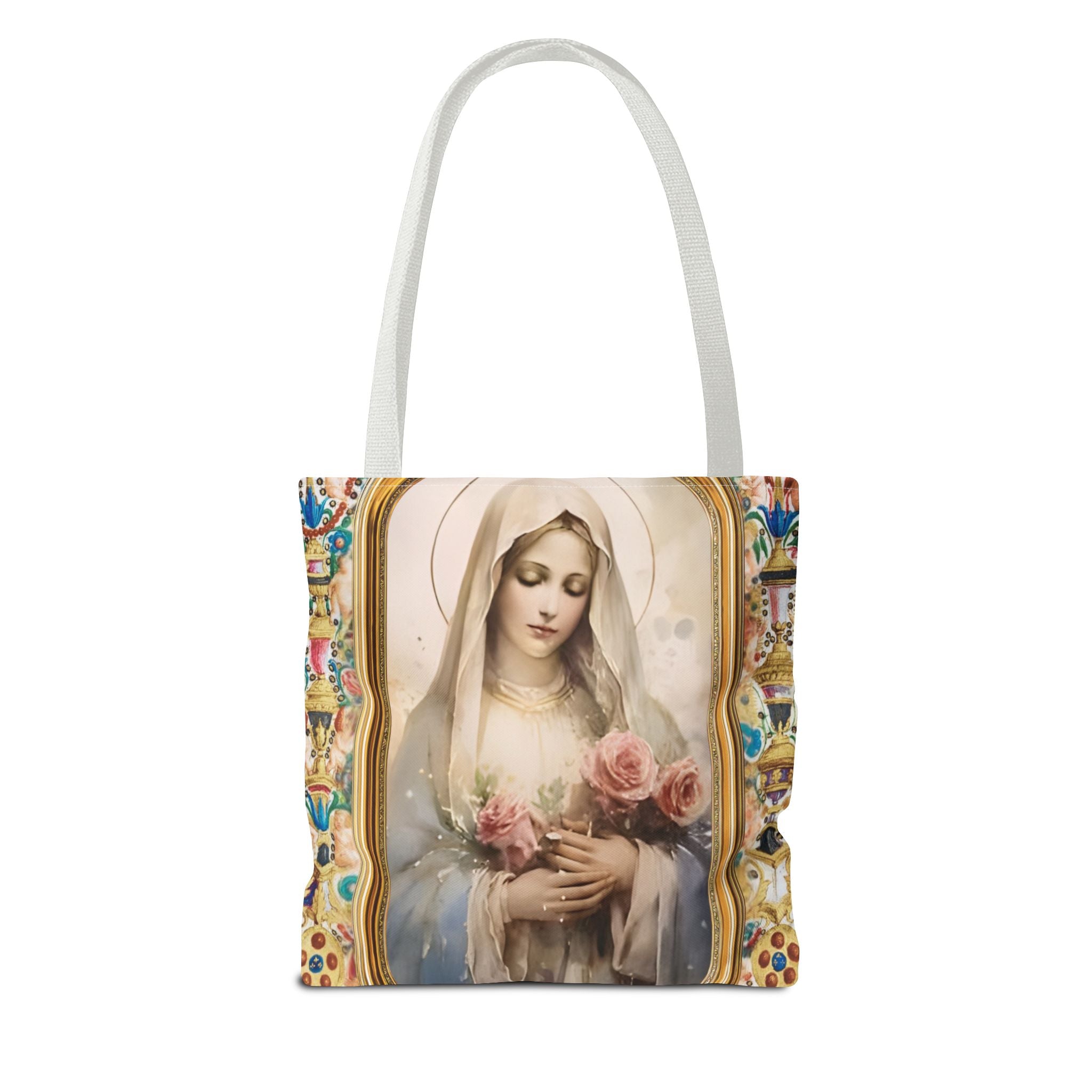 Virgin Mary portrait Tote Bag | Religious Madonna illustration, roses