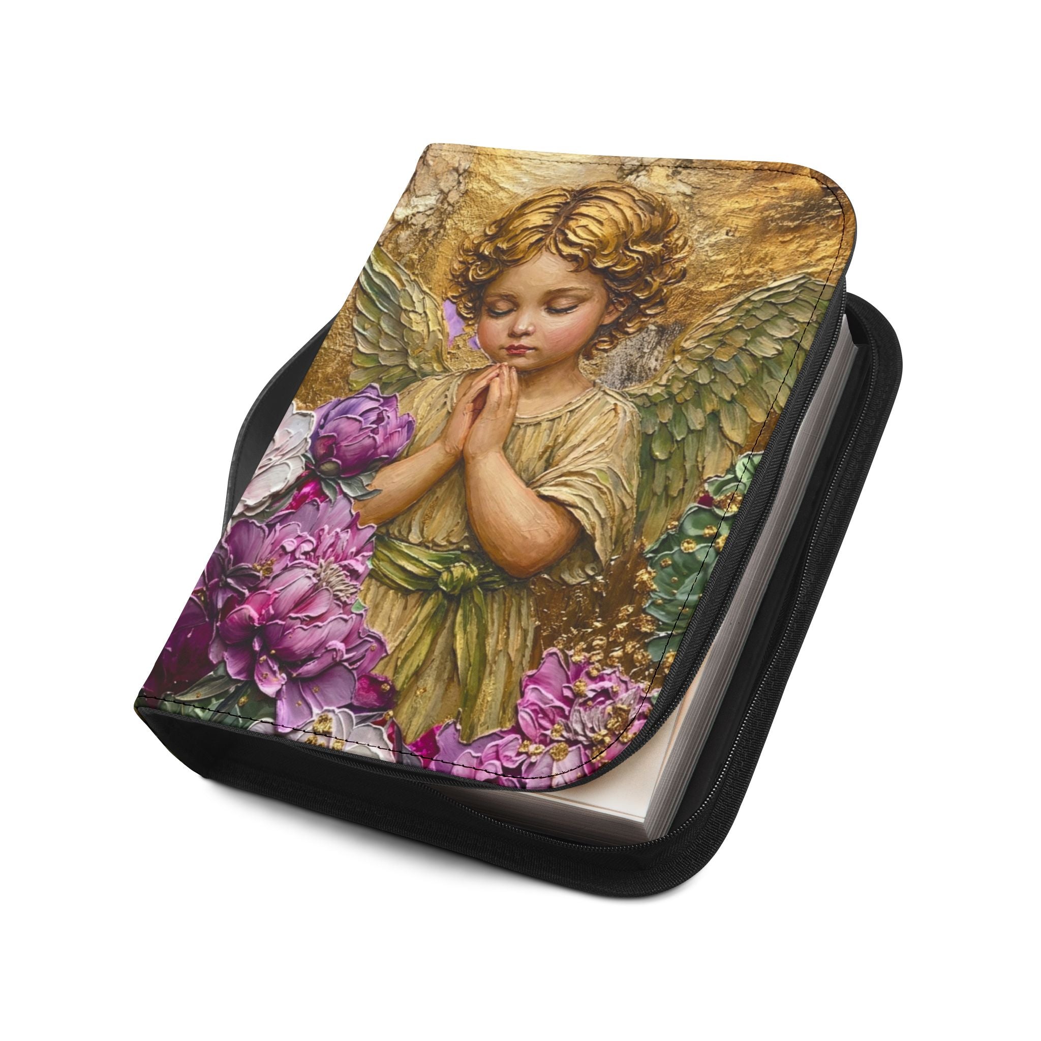 Praying Cherub with Flowers Bible Cover | Angel Artwork Zippered Case
