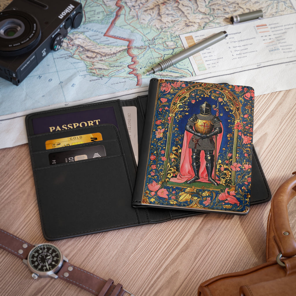 Medieval Knight Illustration Passport Cover | Heraldic Armor, Floral Border