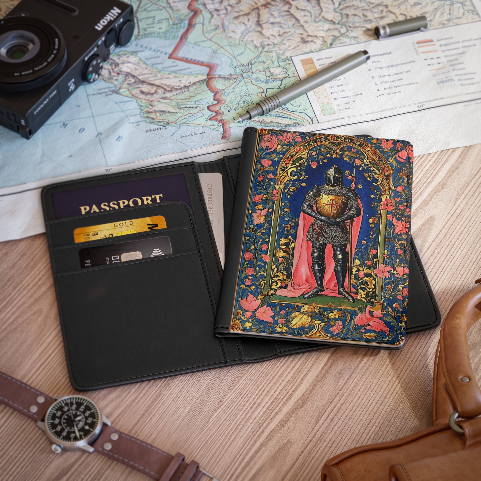 Medieval Knight Illustration Passport Cover | Heraldic Armor, Floral Border