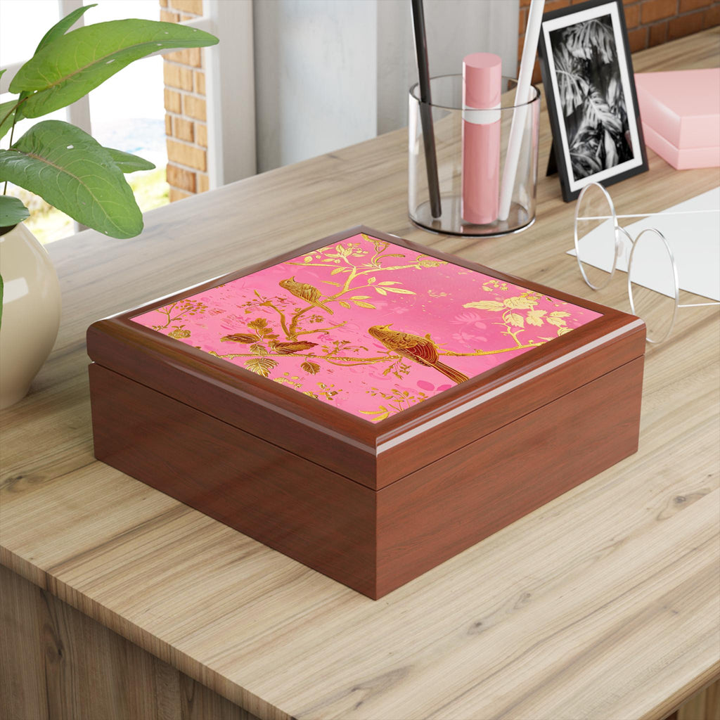 Gold Bird Branch floral jewelry box | pink lacquer keepsake