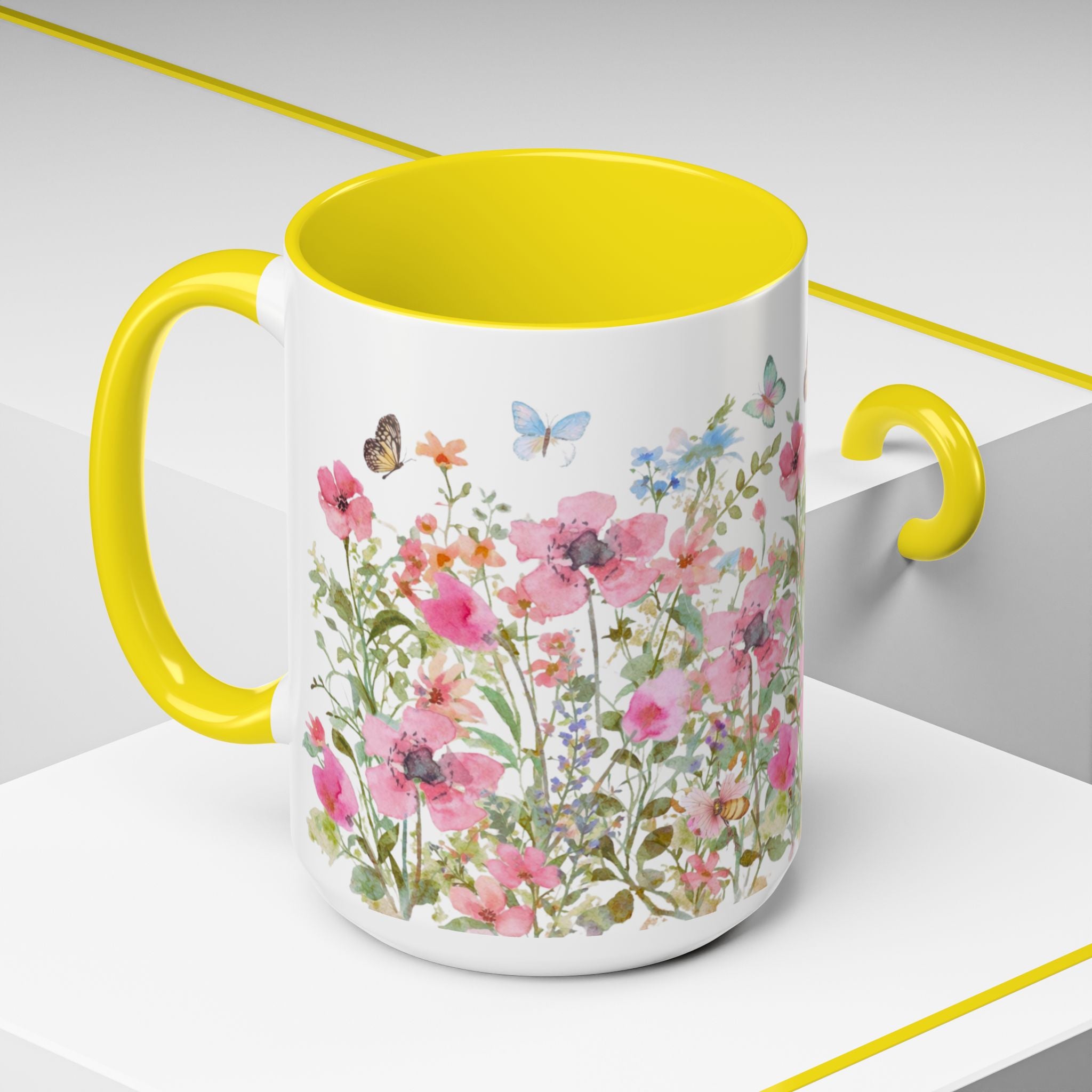 Floral Meadow Accent Coffee Mug — Pink Wildflowers & Butterflies (11oz, 15oz)