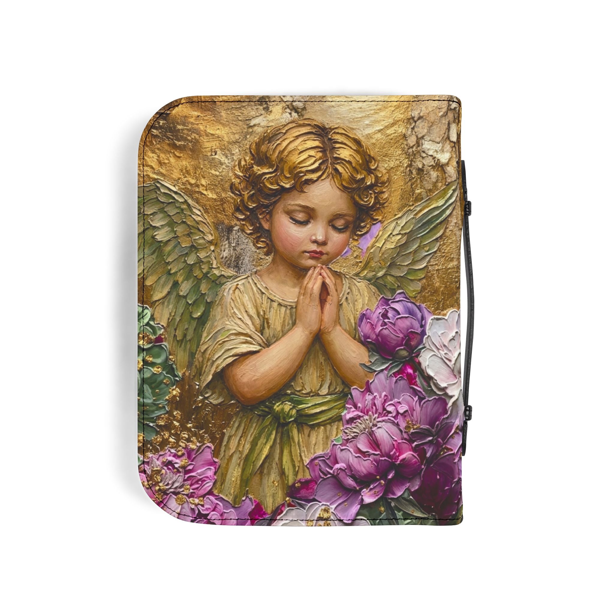 Praying Cherub with Flowers Bible Cover | Angel Artwork Zippered Case