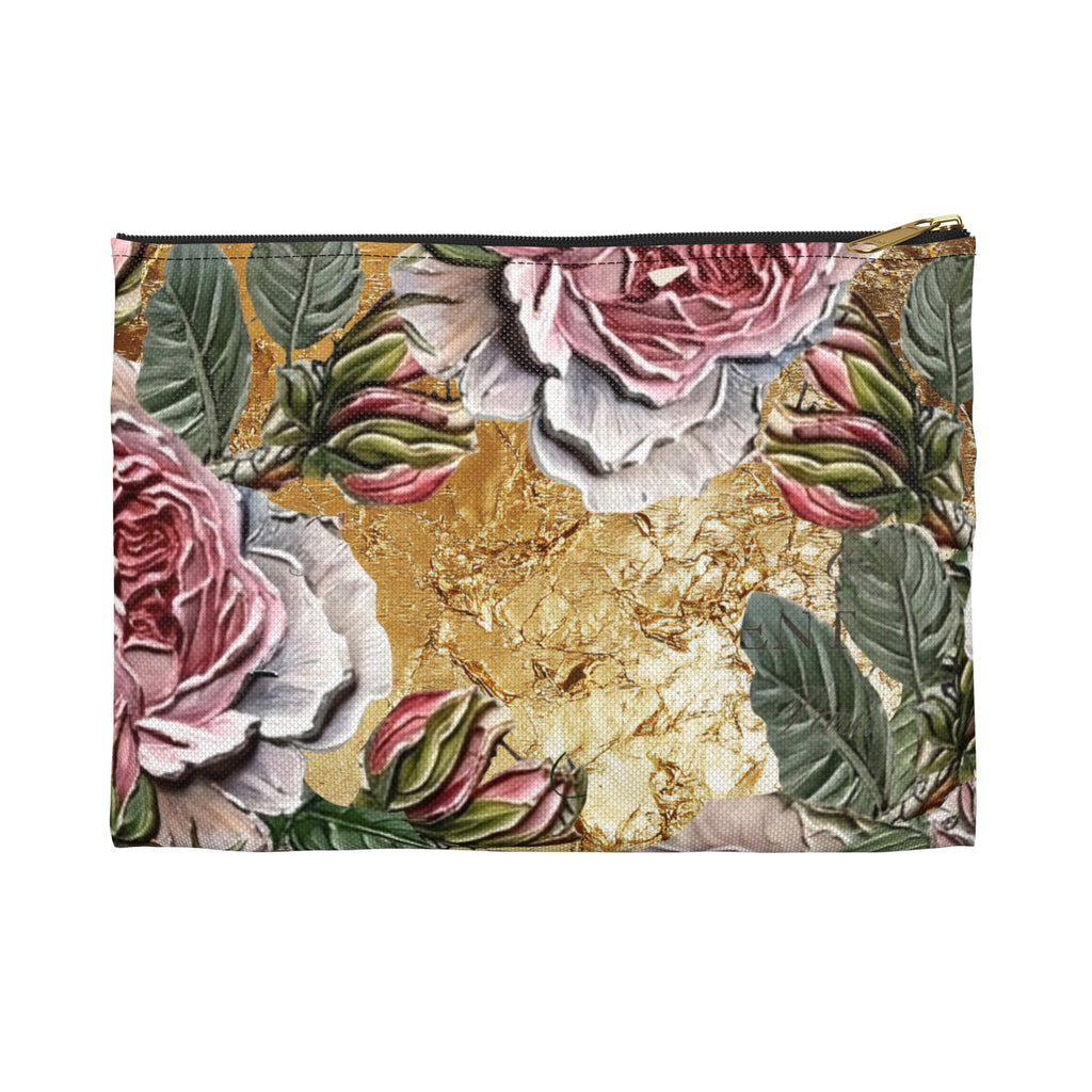 Vintage Pink Roses on Gold Marble Accessory Pouch | Floral Makeup Bag
