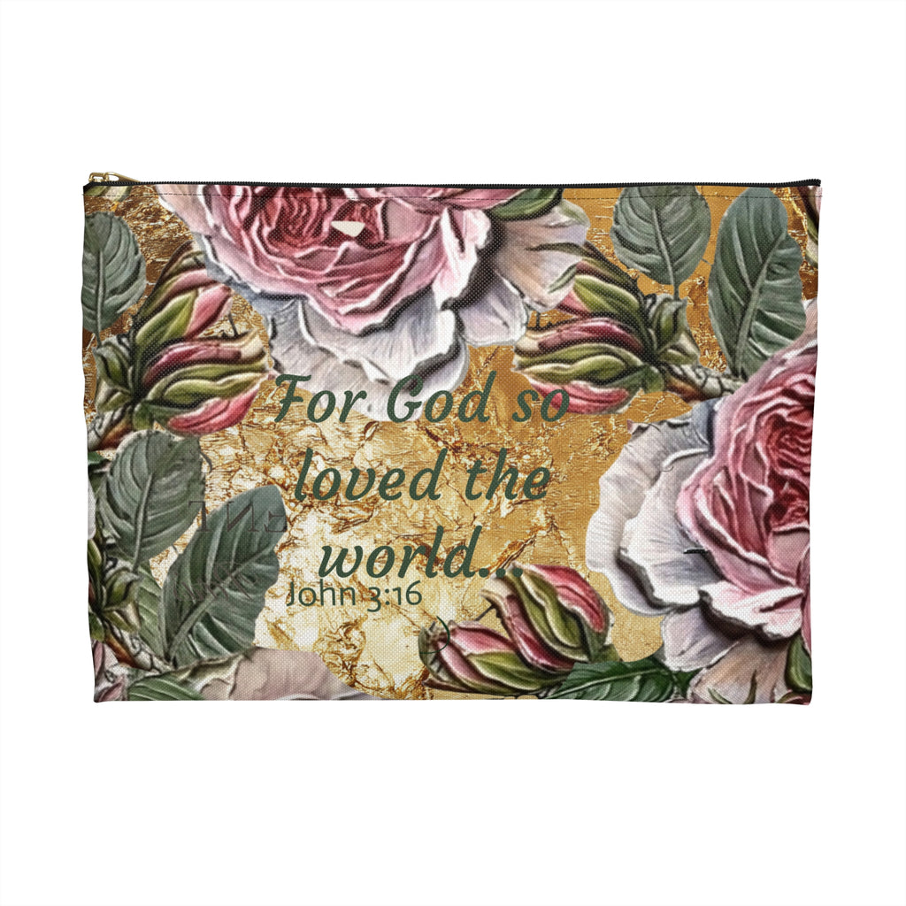 Vintage Pink Roses on Gold Marble Accessory Pouch | Floral Makeup Bag