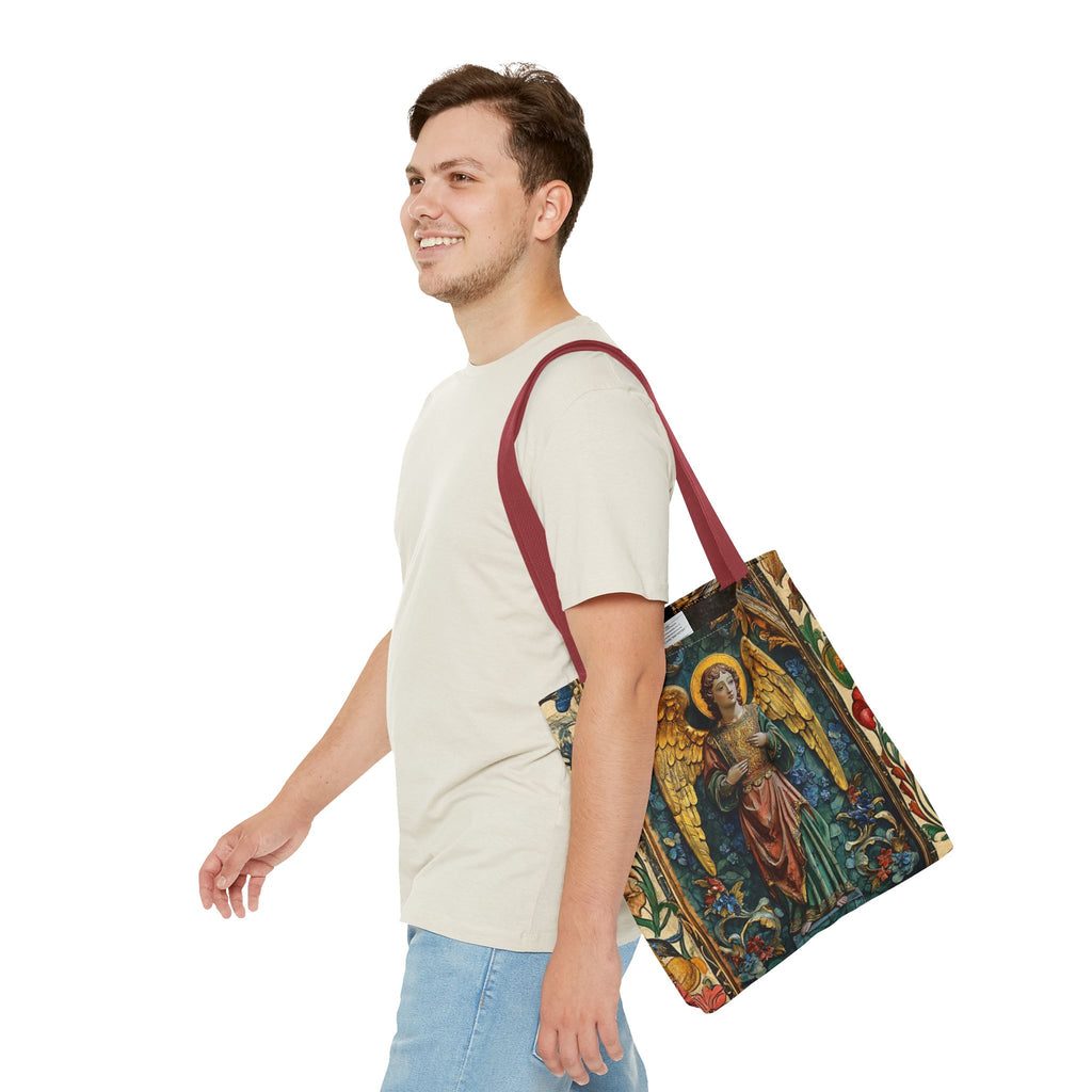 Medieval Manuscript Angel Tote | Ornate Religious Artwork, AOP Shoulder Bag Gift for Catholic