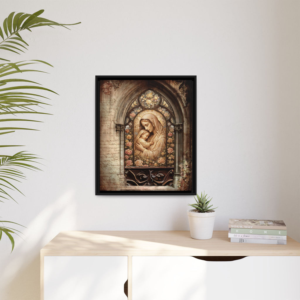 Gothic Window Madonna and Child Stained Glass Print Matte Canvas, Framed