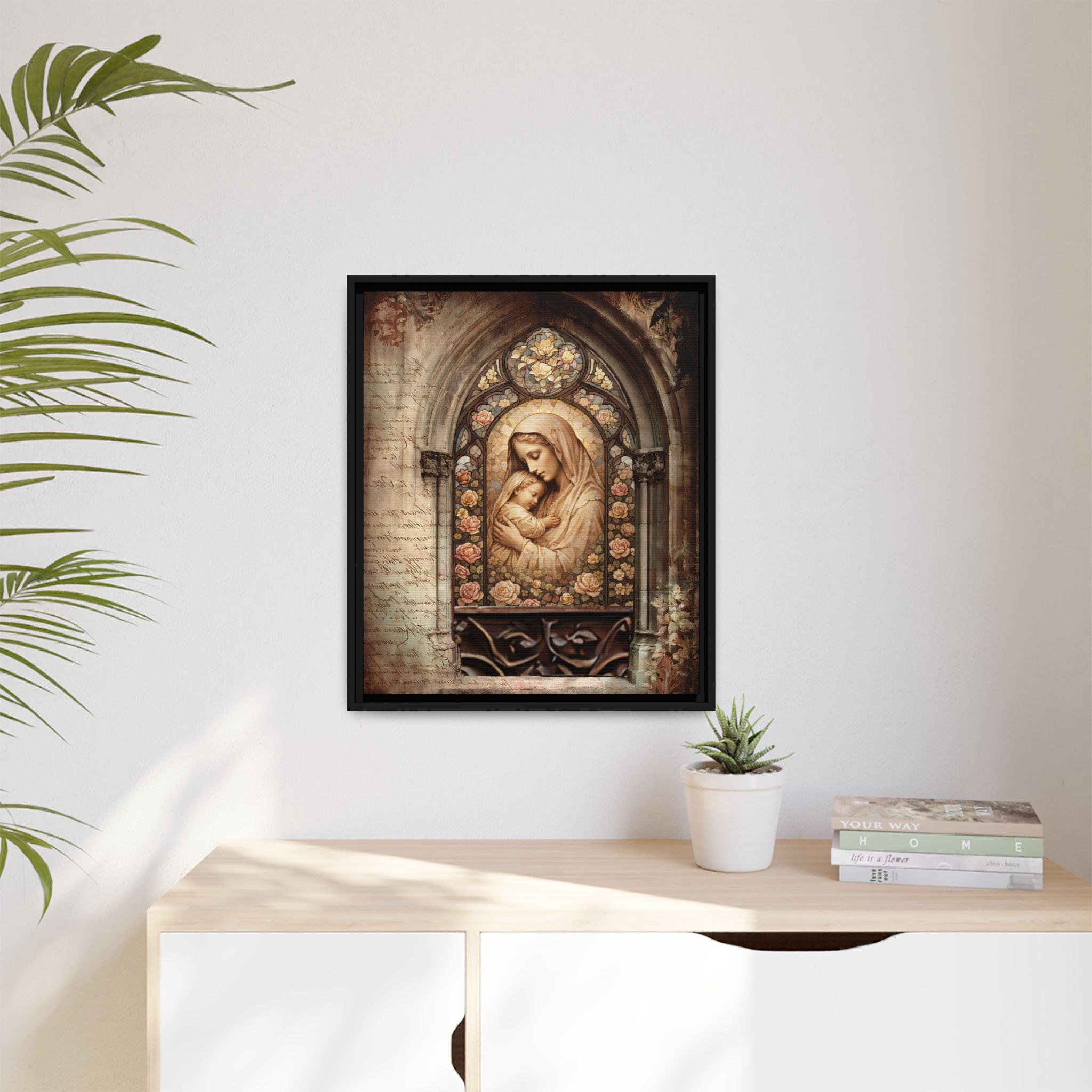 Gothic Window Madonna and Child Stained Glass Print Matte Canvas, Framed