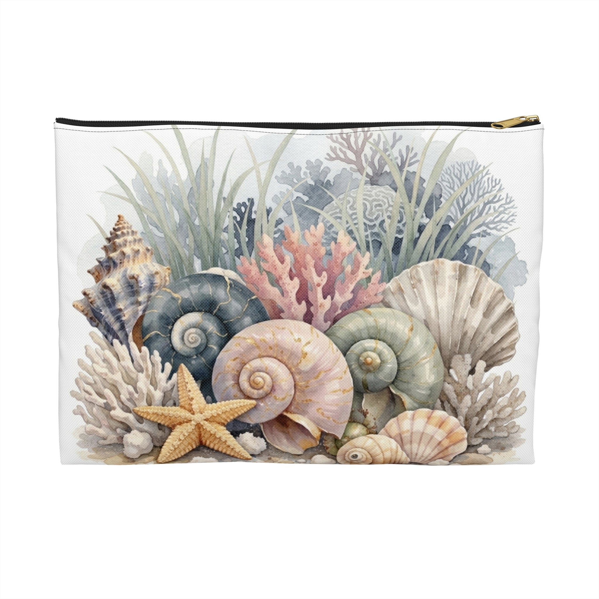 Sea Shell Collage Accessory Pouch | Beach Shell Print Coin Purse | Coastal Beach Toiletry Bag