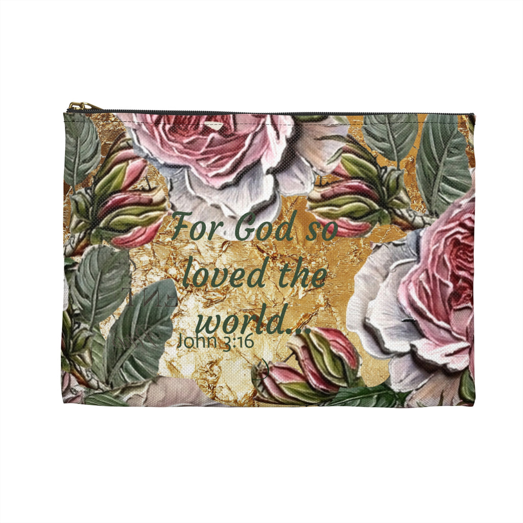 Vintage Pink Roses on Gold Marble Accessory Pouch | Floral Makeup Bag