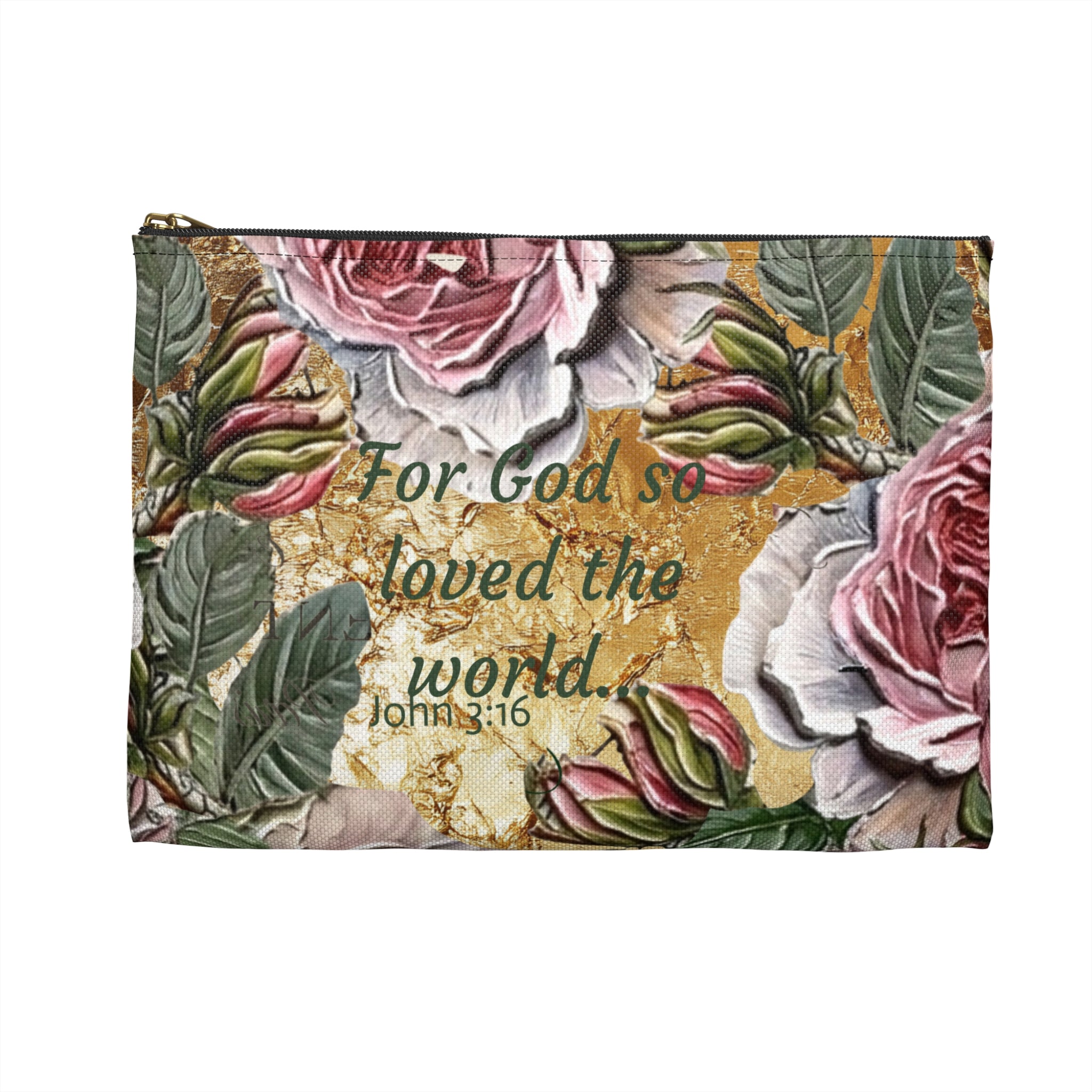 Vintage Pink Roses on Gold Marble Accessory Pouch | Floral Makeup Bag