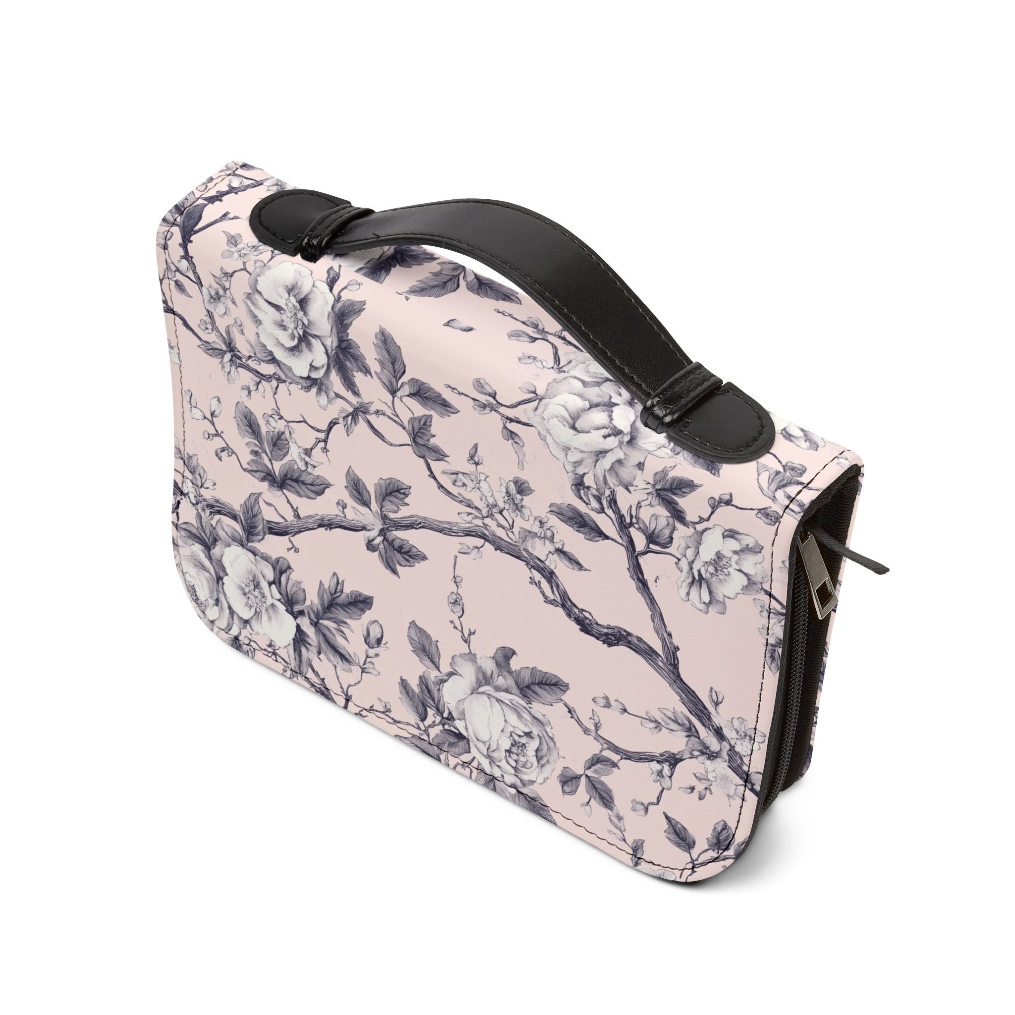 Pink White Botanical Toile Bible Cover | Floral Design | Christian Gift | Vegan Bible Case with Handle & Zipper | Bible Study Accessory