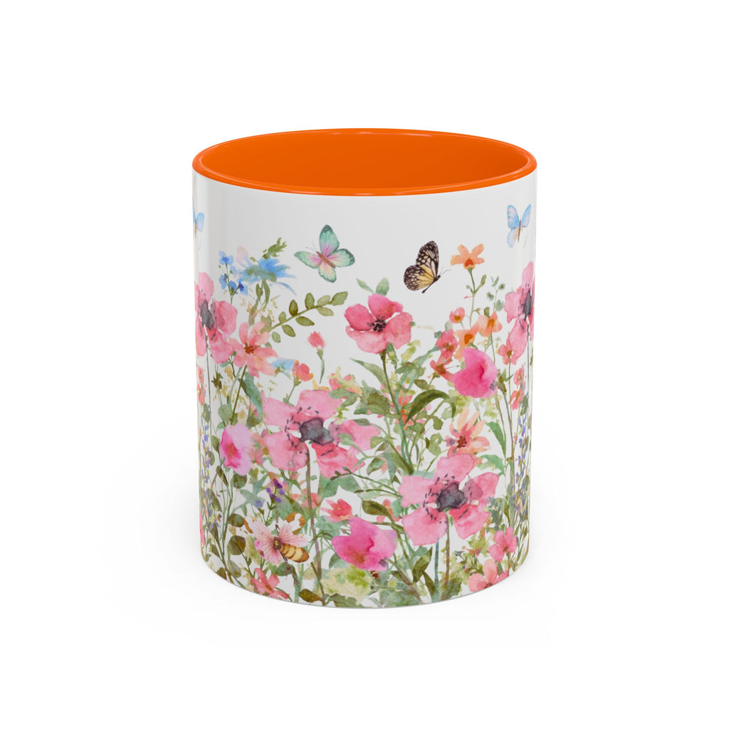 Floral Meadow Accent Coffee Mug — Pink Wildflowers & Butterflies (11oz, 15oz)
