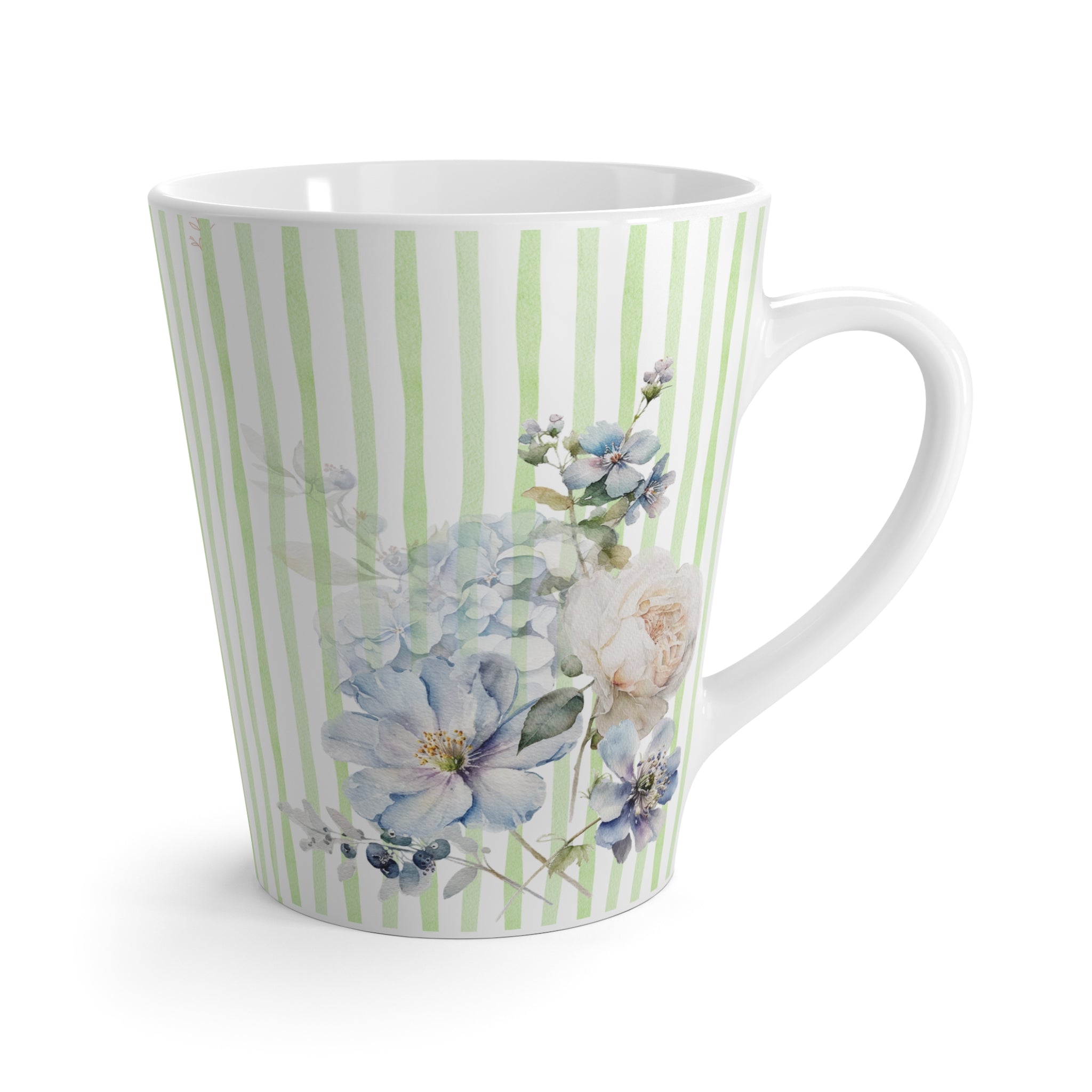 Watercolor Stripes Floral Latte Mug | Coffee Tea Cup | Hand-Painted Flower Design