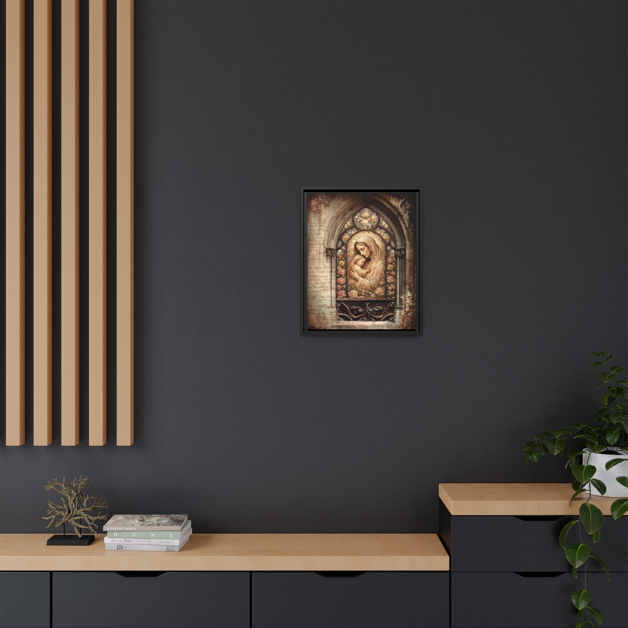 Gothic Window Madonna and Child Stained Glass Print Matte Canvas, Framed