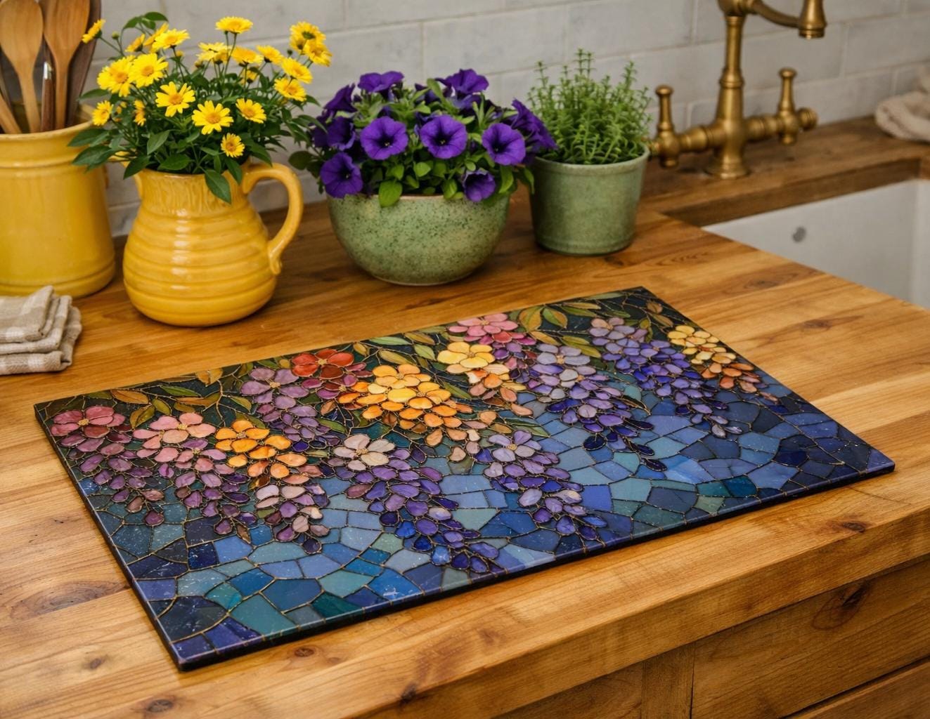Floral Stained Glass Cutting Board • Maximalist Art Kitchen Tray 3D Image