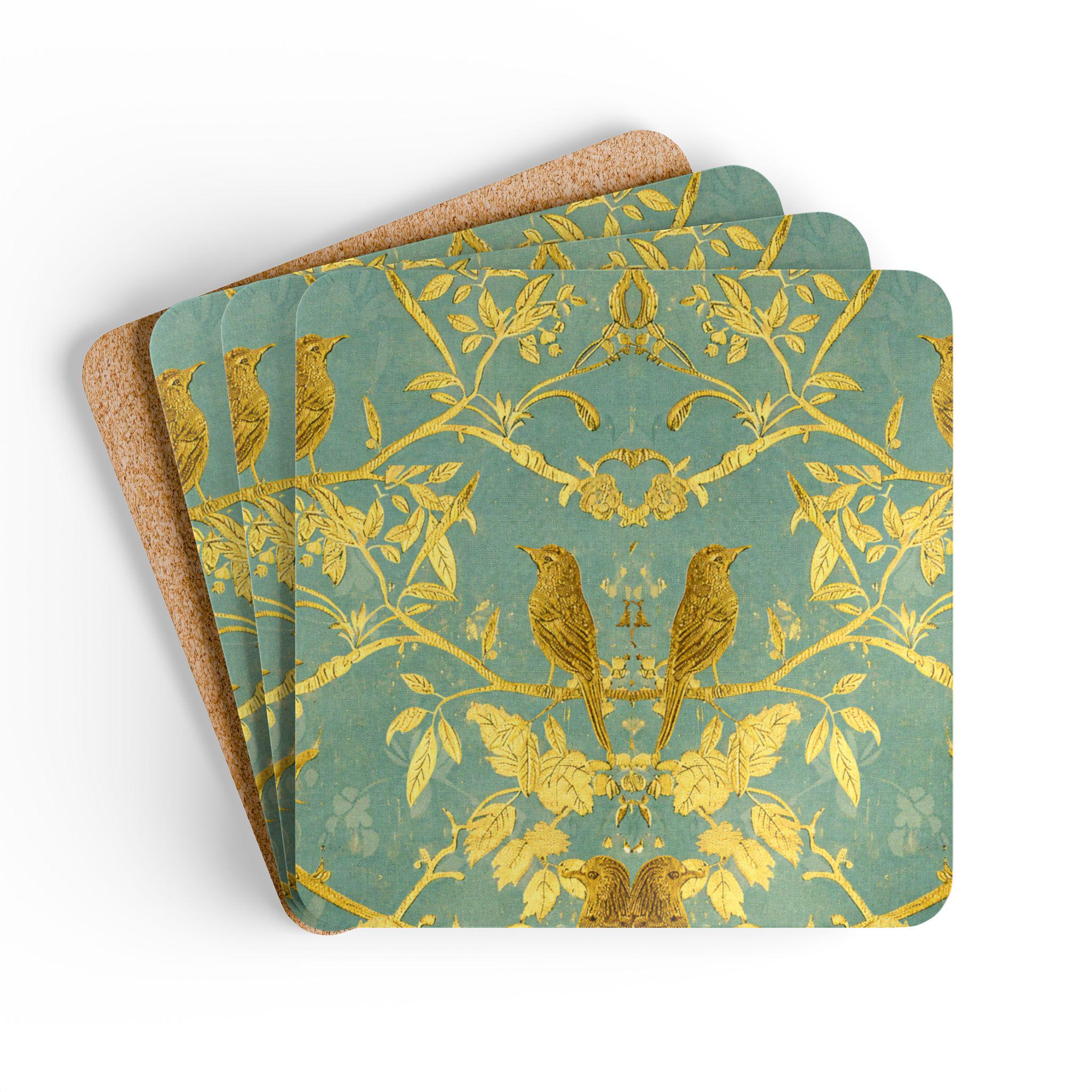 Gold Bird Branches Cork Coaster Set | Celadon Floral Vintage Style