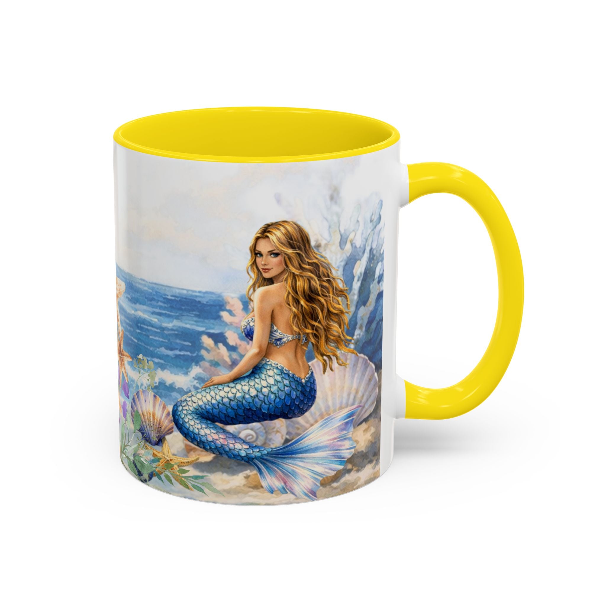 Mermaid Illustration Accent Coffee Mug | Seashells Starfish Ocean Scene