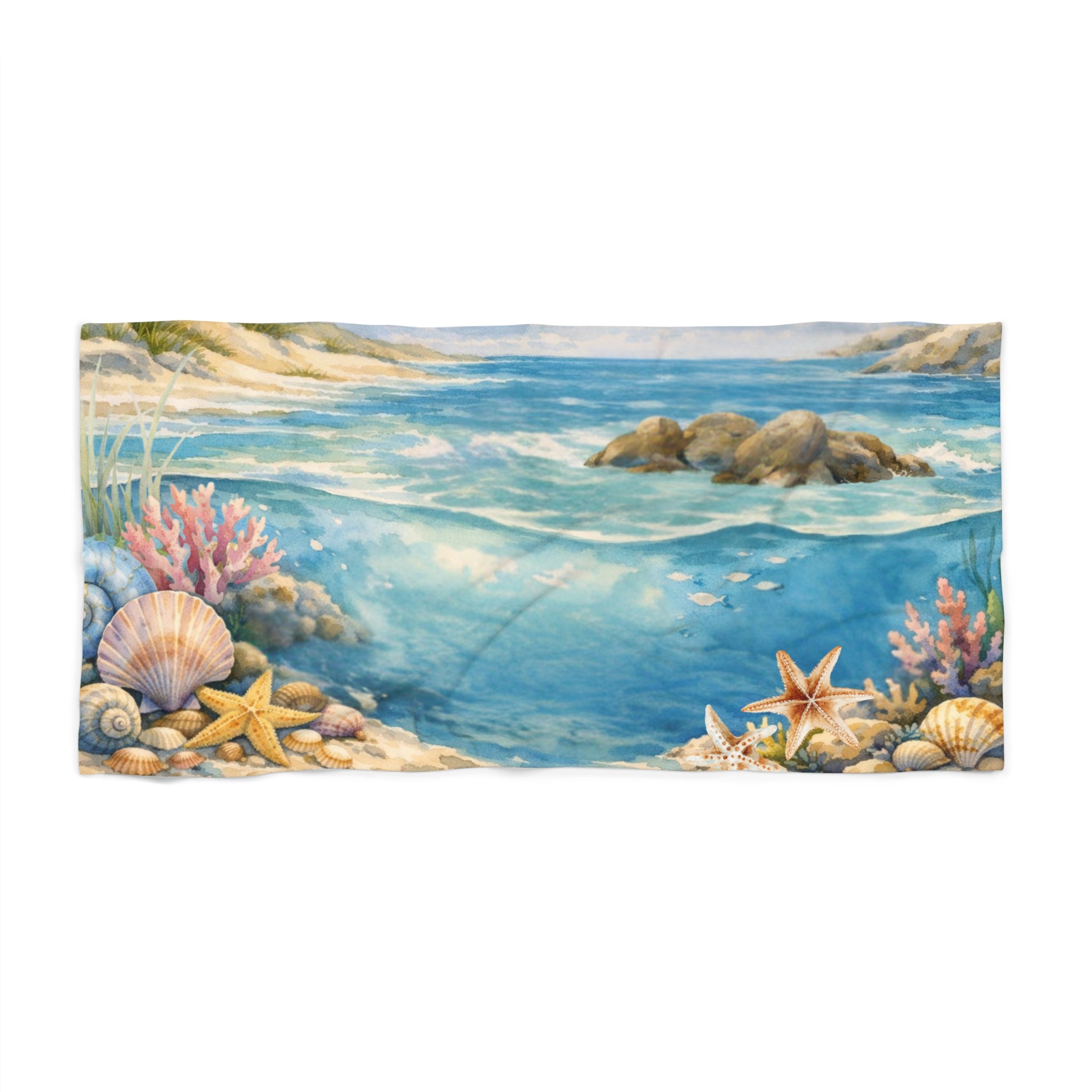 Under the Sea Beach Towel Watercolor Seashells Sand Dunes | Coastal Summer Towel | Ocean Lover Gift | Beach Decor | PCS