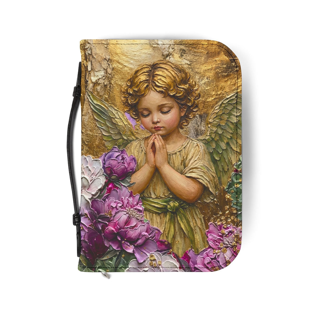 Praying Cherub with Flowers Bible Cover | Angel Artwork Zippered Case