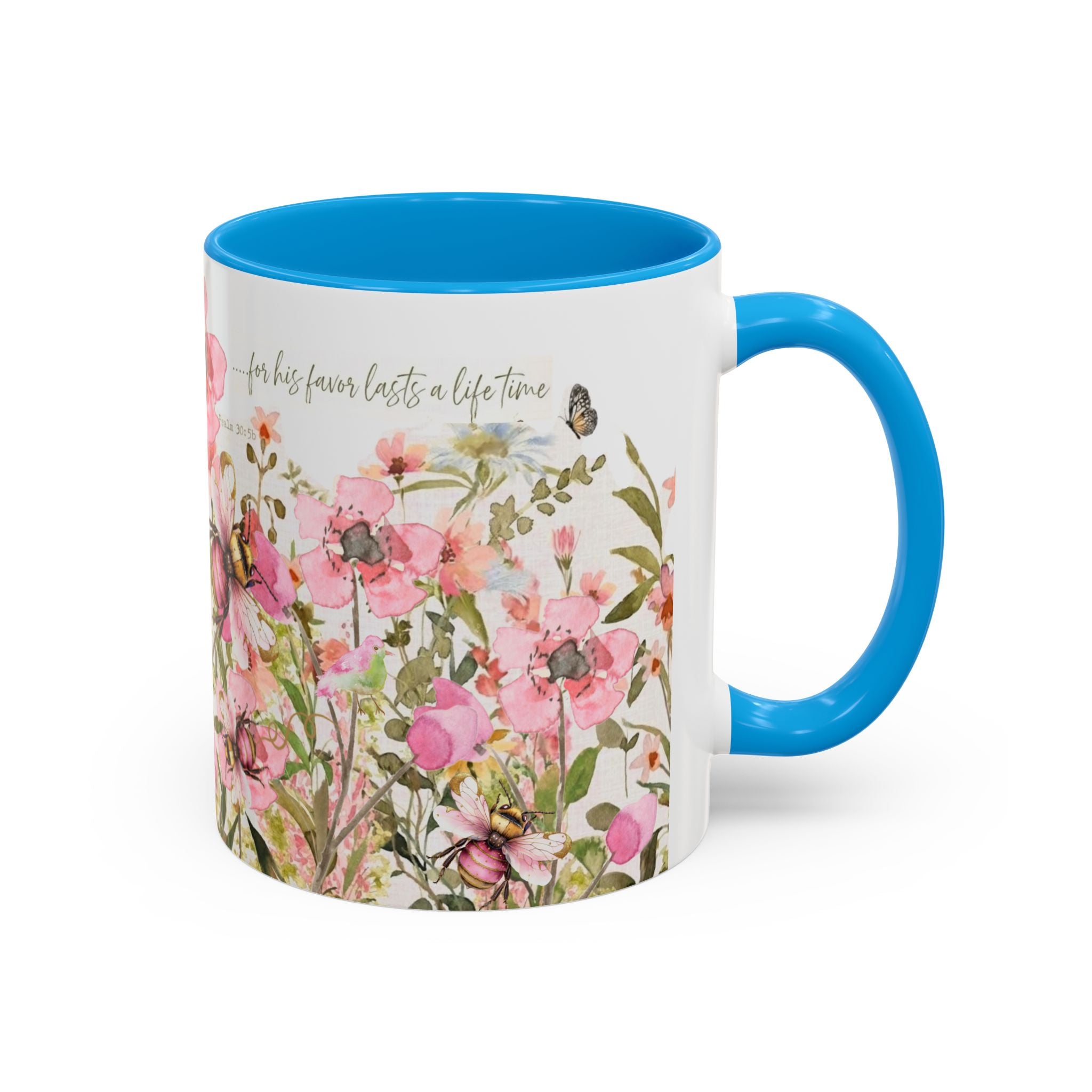 Pink Watercolor Wildflowers Mug | Butterfly Accent Scripture Coffee Cup Gift for Her