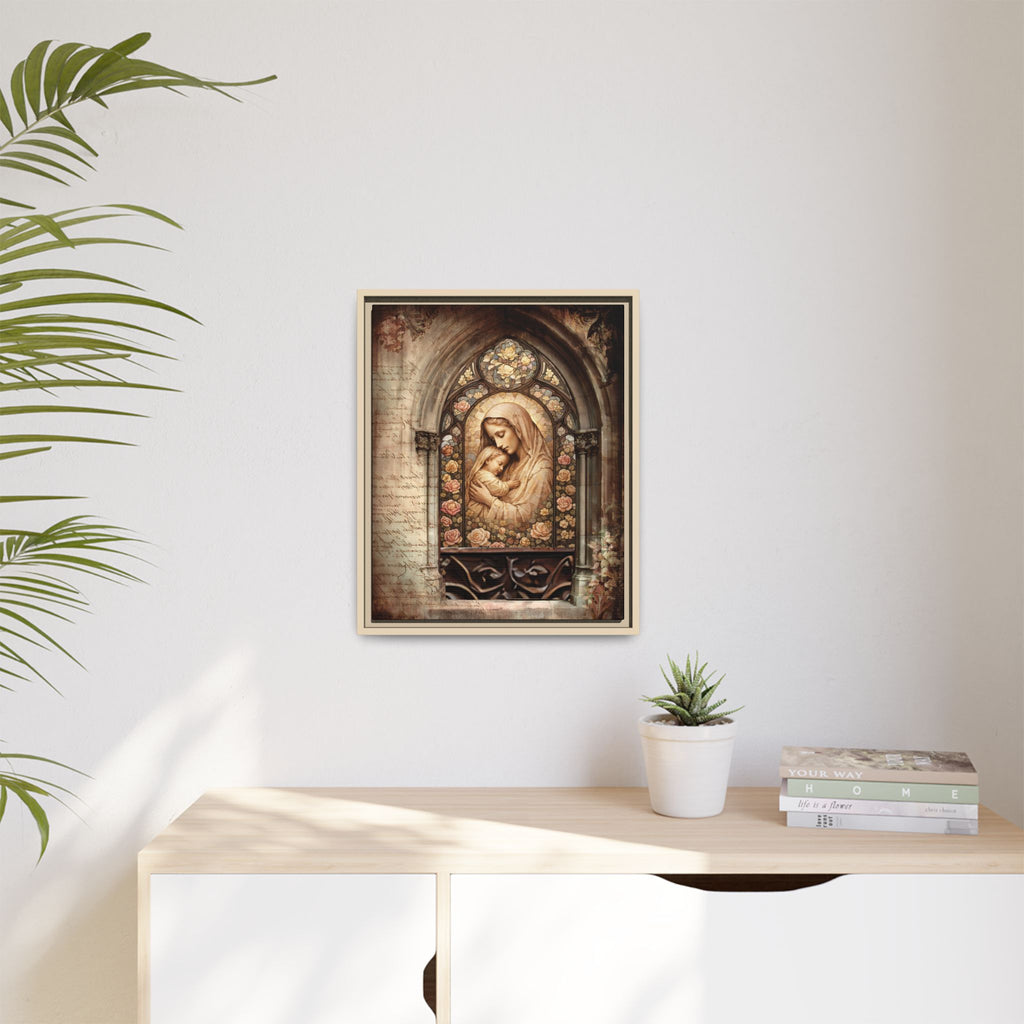 Gothic Window Madonna and Child Stained Glass Print Matte Canvas, Framed
