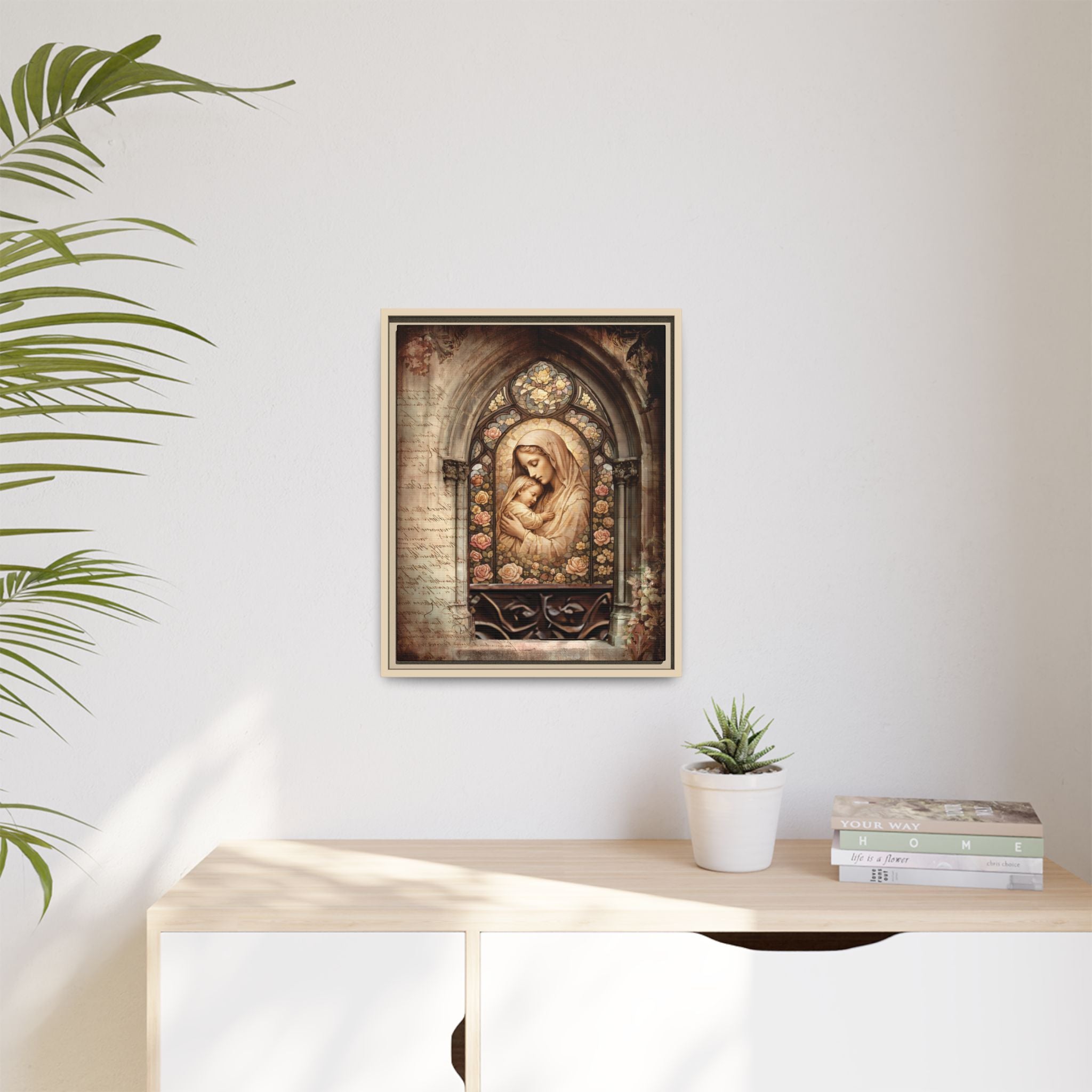 Gothic Window Madonna and Child Stained Glass Print Matte Canvas, Framed