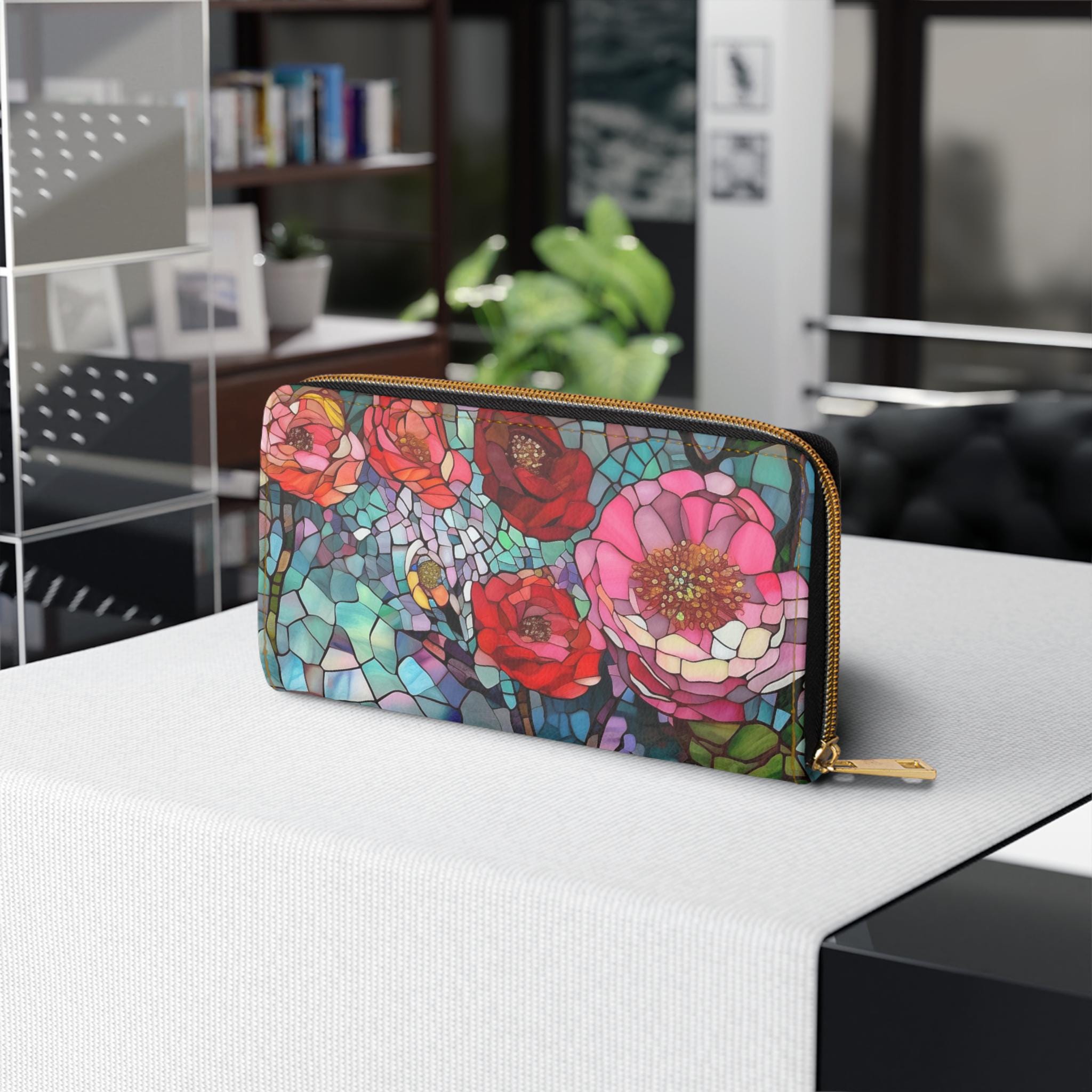 Mosaic Floral Wallet • Vegan Leather Zipper Clutch