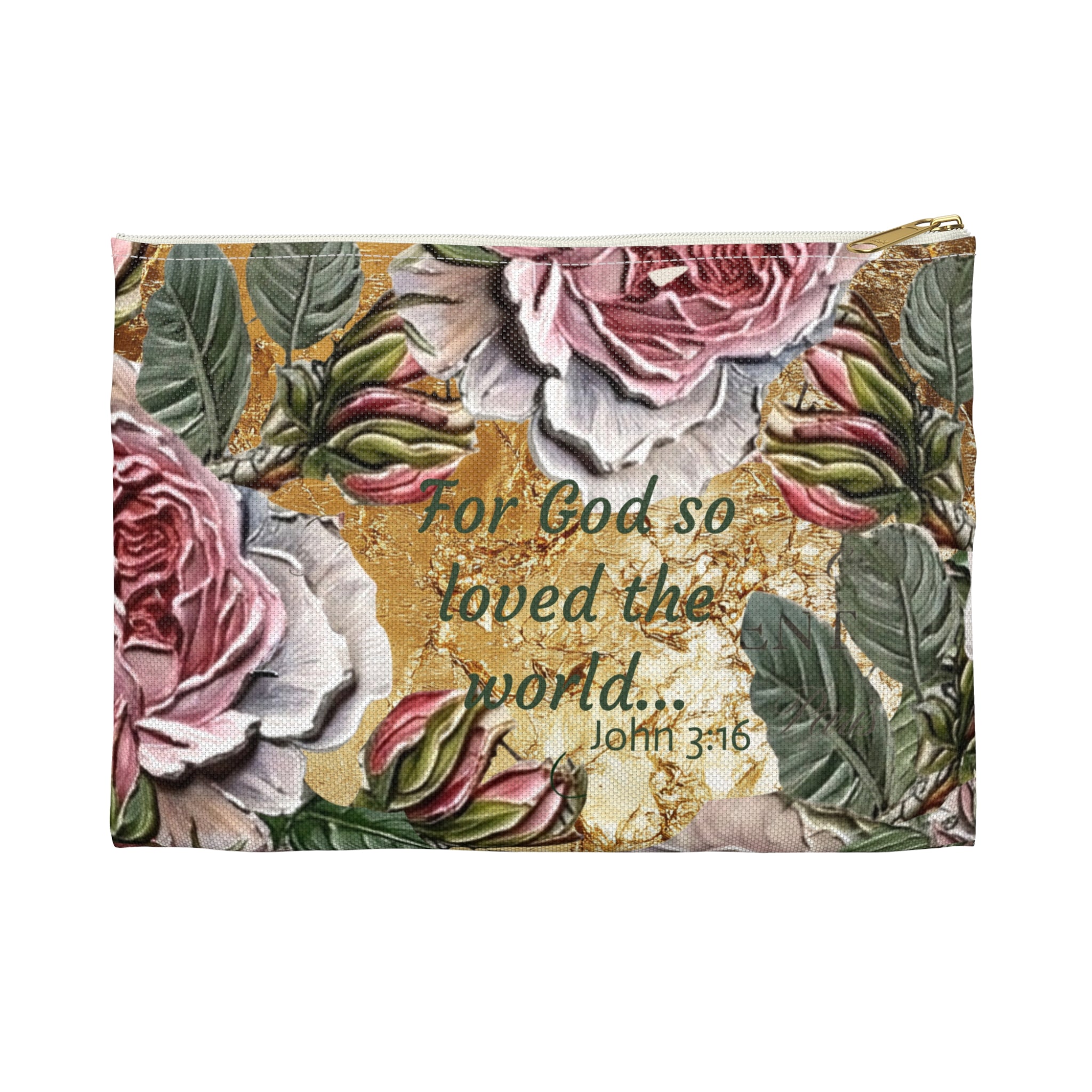 Vintage Pink Roses on Gold Marble Accessory Pouch | Floral Makeup Bag