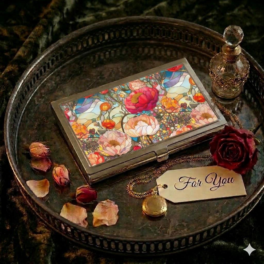 Floral Mosaic Business Card Holder, Elegant Office Accessory