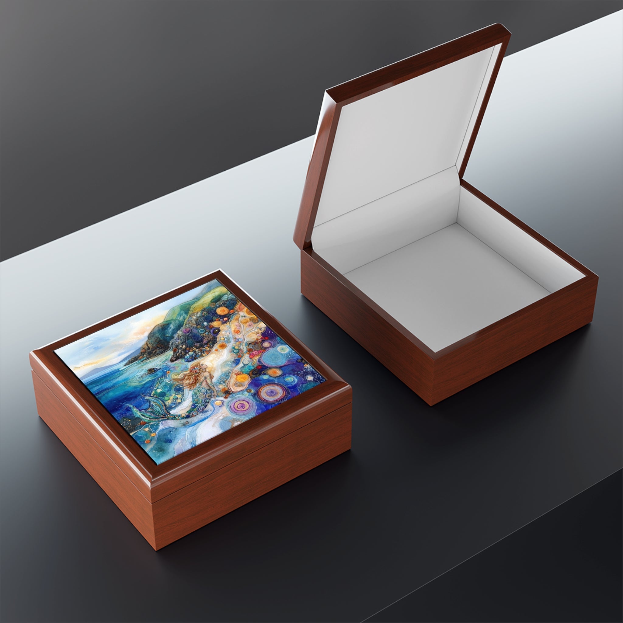 Coastal Mermaid Keepsake Jewelry Box | Felted 3D Coastal Scene