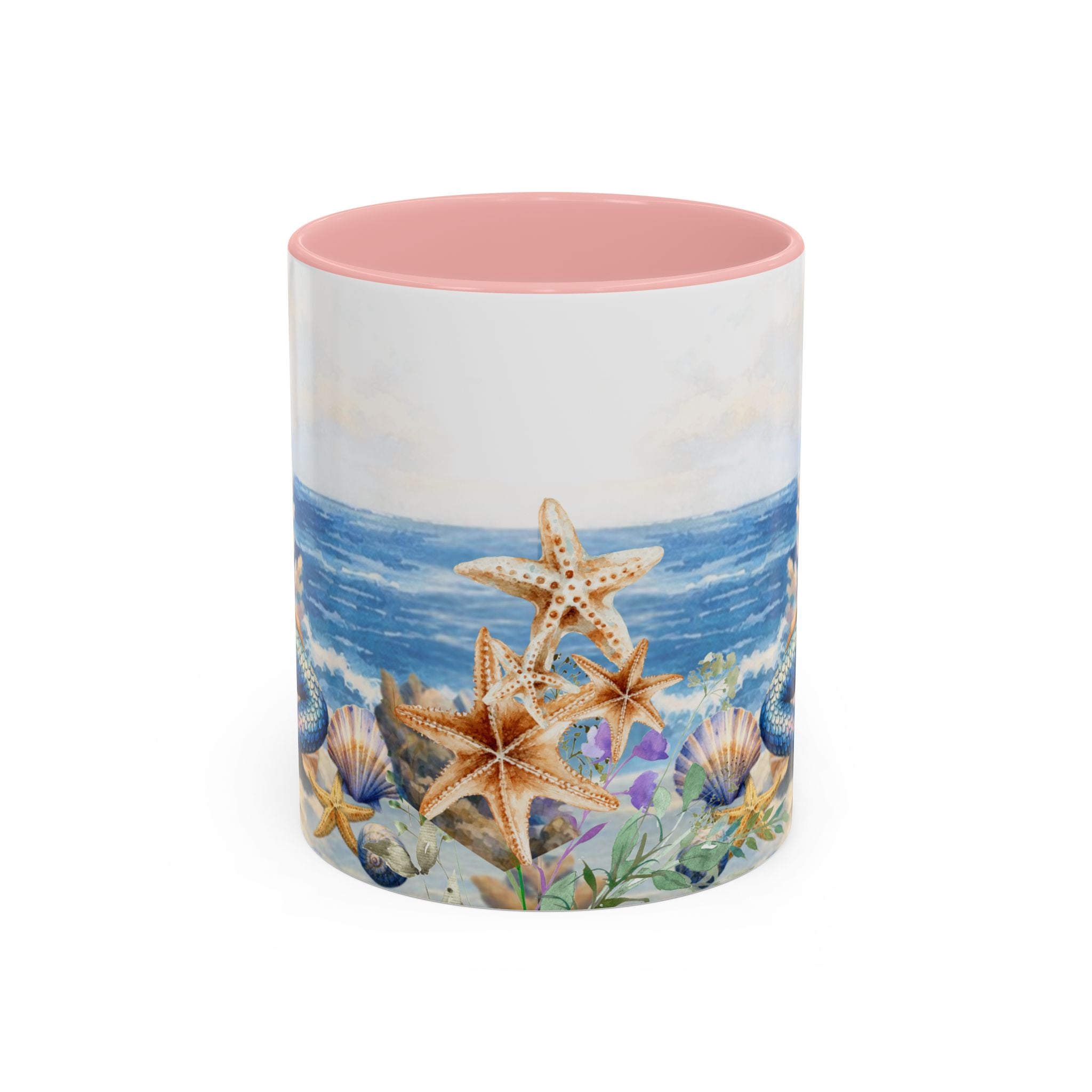 Mermaid Illustration Accent Coffee Mug | Seashells Starfish Ocean Scene