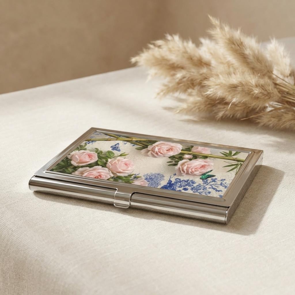 Pink Rose Floral Business Card Holder | Butterfly Botanical Metal Case