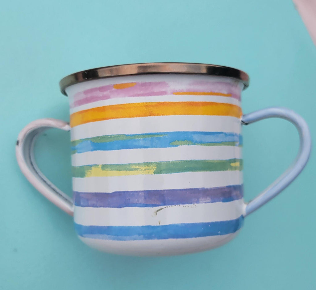 McKenzie Childs Pastel Striped Enamel Double Handle 8 Oz Cup