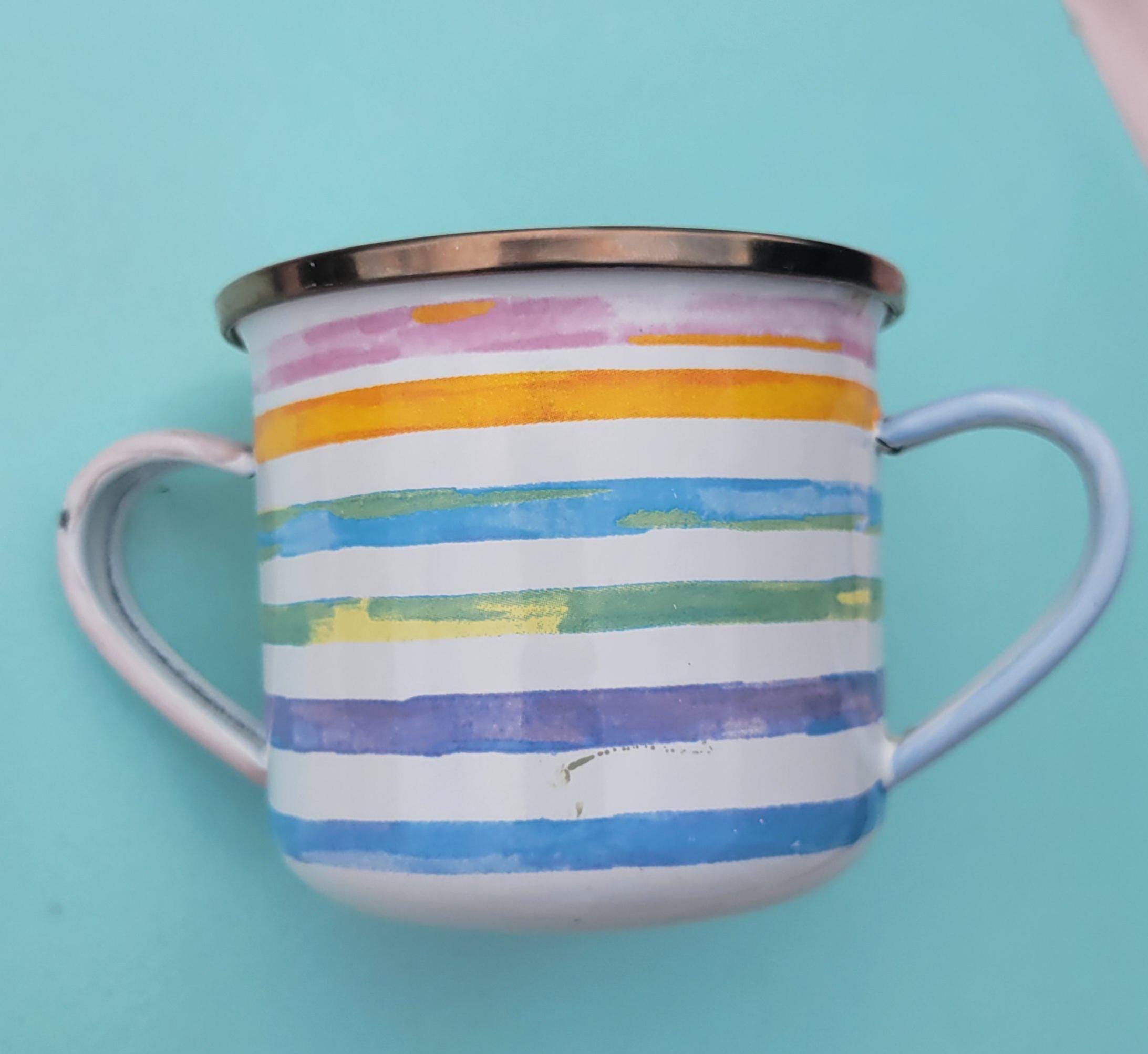 McKenzie Childs Pastel Striped Enamel Double Handle 8 Oz Cup