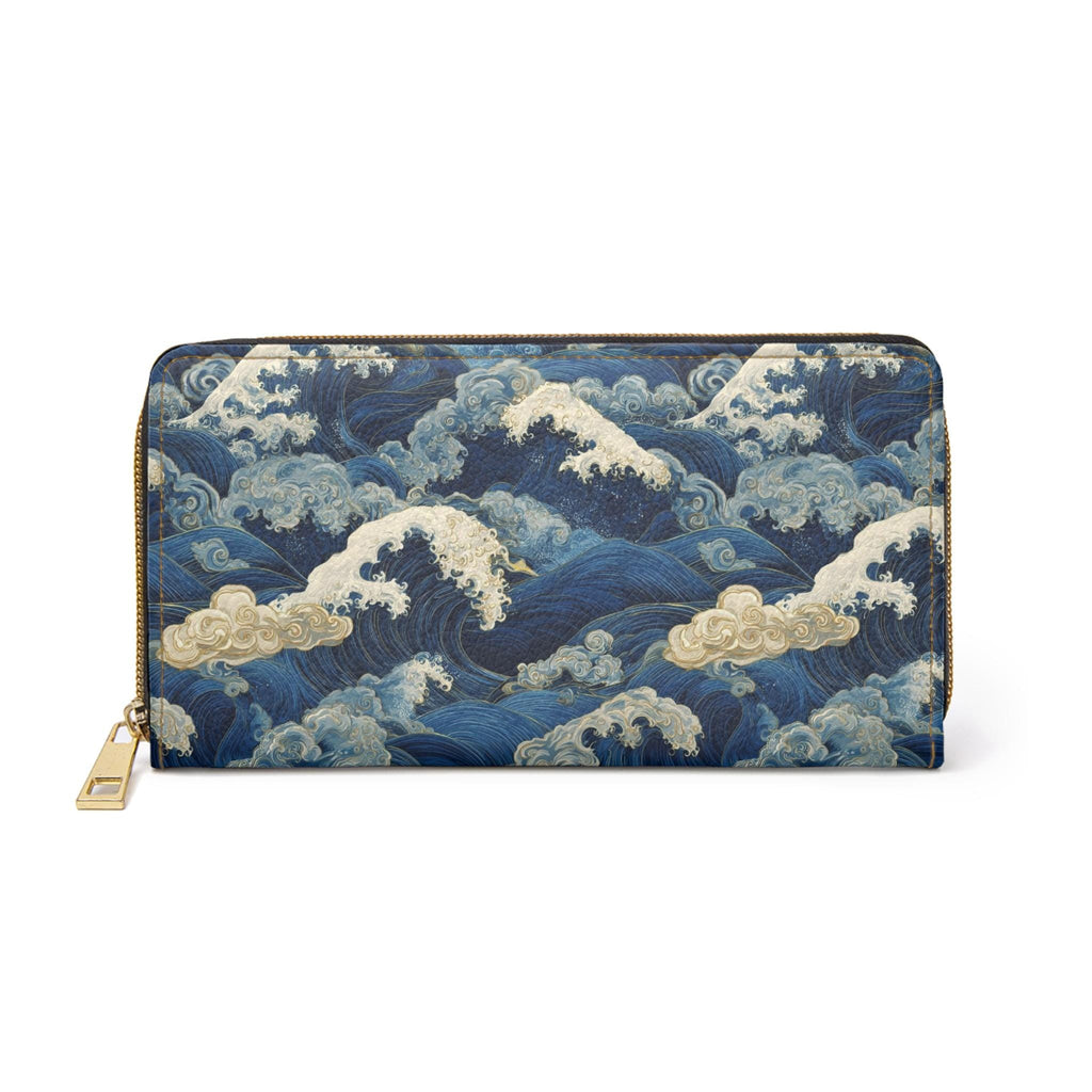 Japanese Wave Art Zipper Wallet, Bold Sumi e Ocean Clutch Accessory