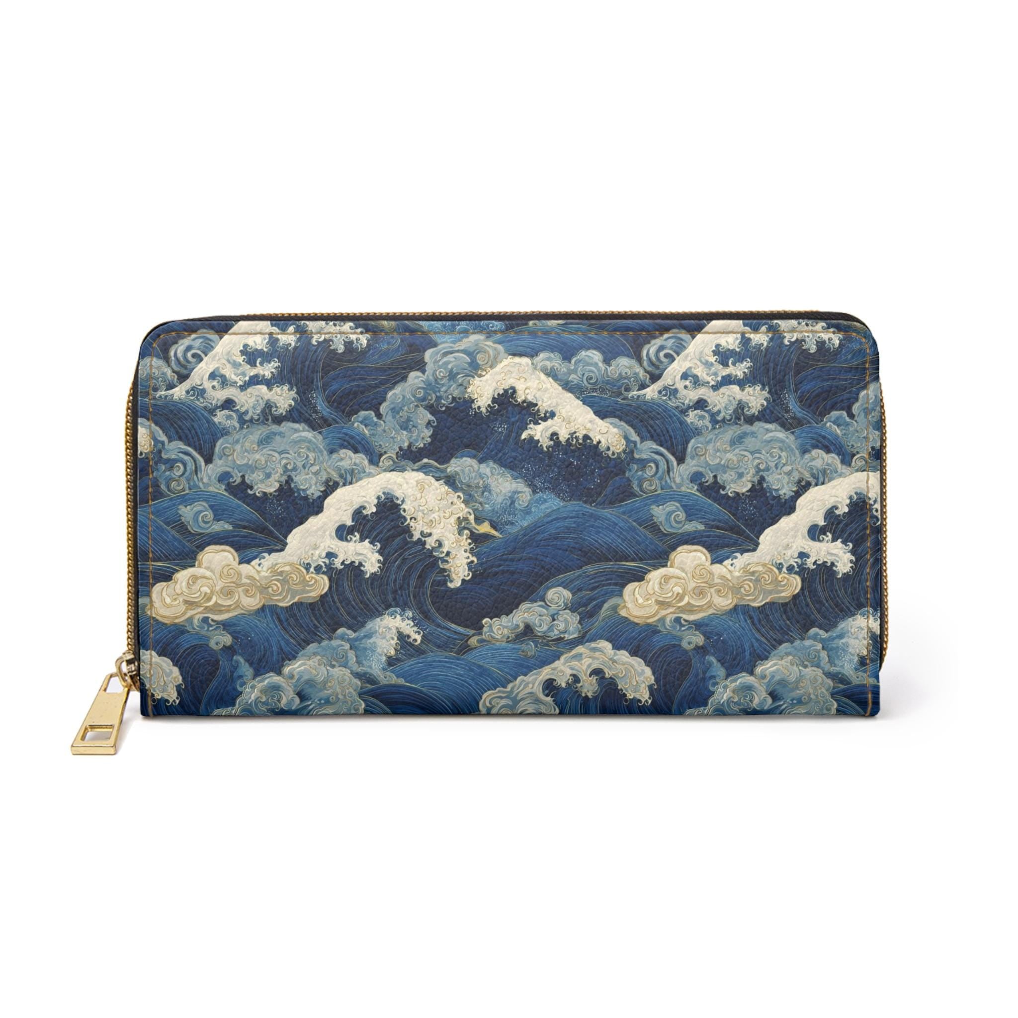 Japanese Wave Art Zipper Wallet, Bold Sumi e Ocean Clutch Accessory