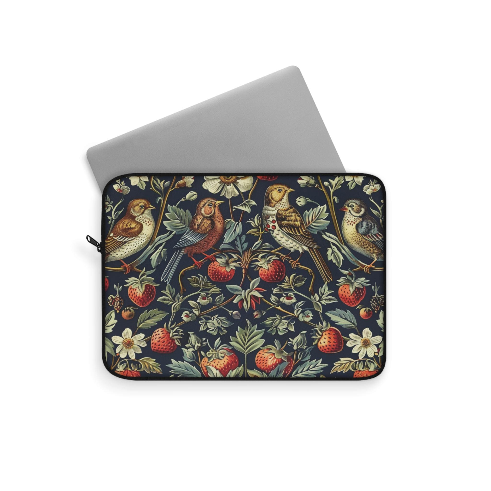 Strawberry Thieves William Morris Laptop Sleeve | Red Cream Botanical Zip Sleeve Fleece Interior