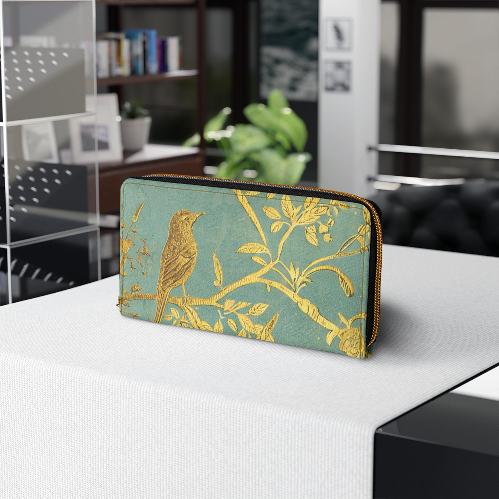 Gold Bird Branch print Zipper Wallet | Teal Botanical Pattern
