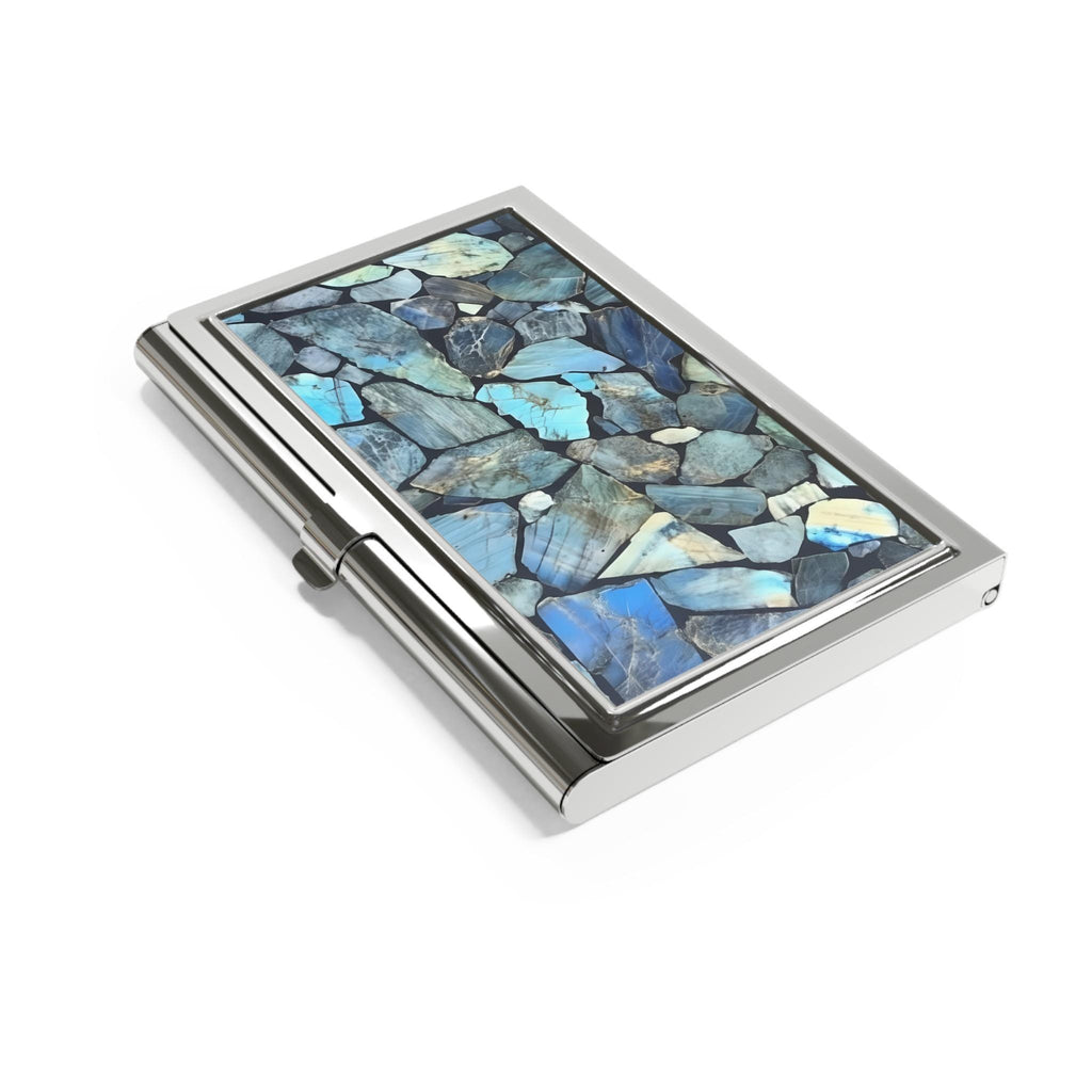 Labradorite Shards Business Card Holder | 3D Iridescent Stone Image Desk Accessory
