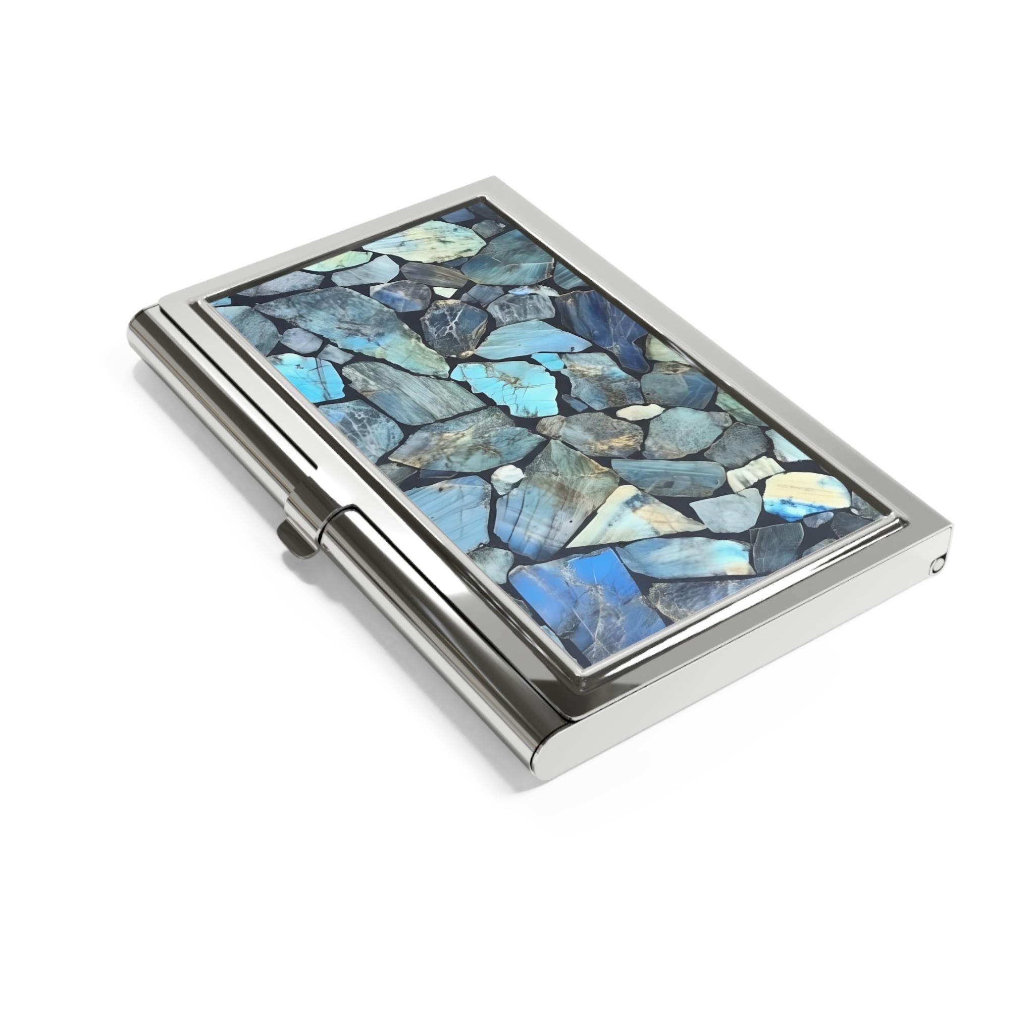 Labradorite Shards Business Card Holder | 3D Iridescent Stone Image Desk Accessory