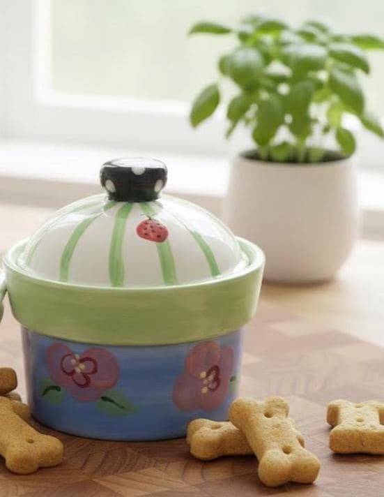 Hand Painted Ladybug Ceramic Treat Jar - Whimsical Floral Cookie Canister for Cottagecore Kitchen Decor