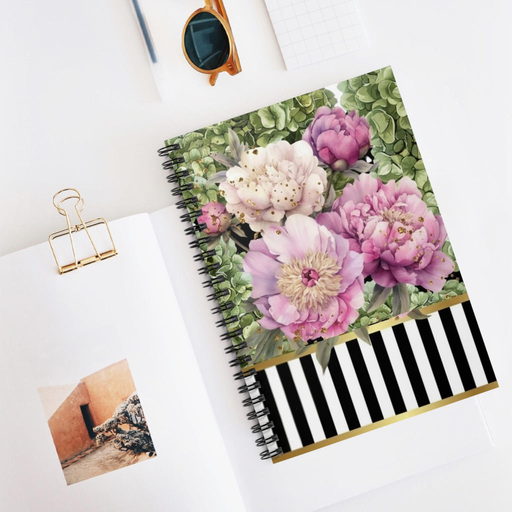 Pink Peonies Floral Spiral Notebook | Striped Gold Accent