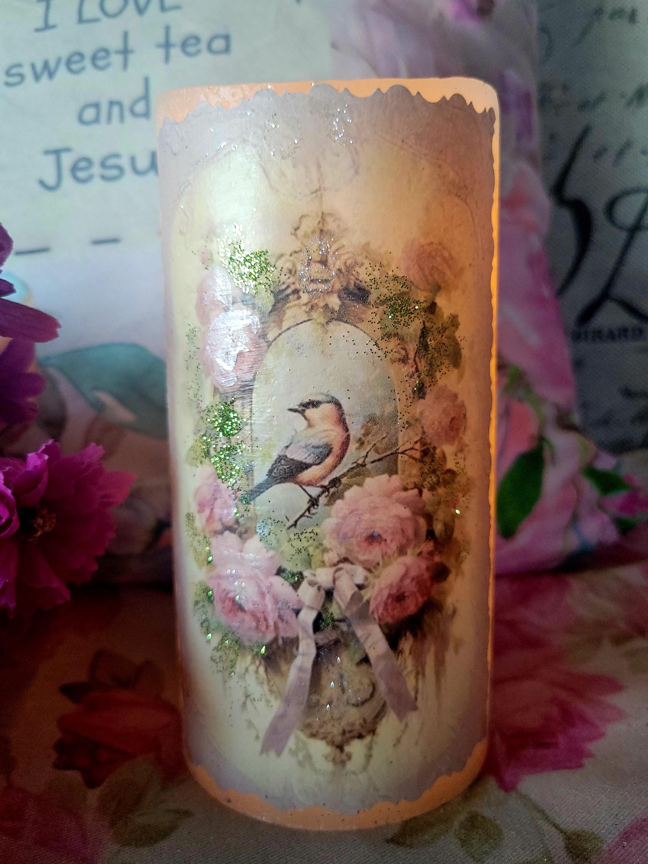 Victorian Bird LED Wax Pillar, Decorated Flameless Candle Centerpiece, Candle Decor