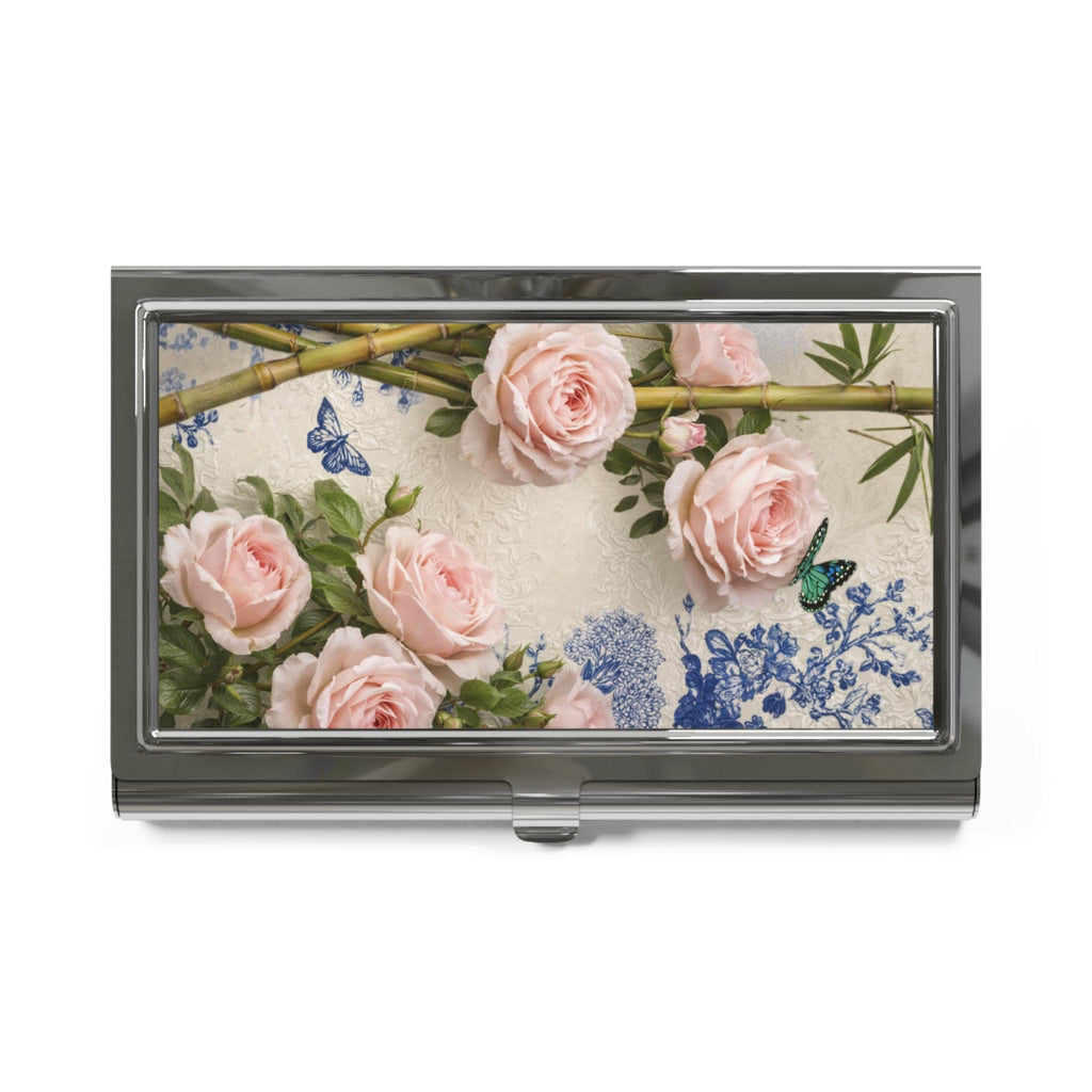 Pink Rose Floral Business Card Holder | Butterfly Botanical Metal Case