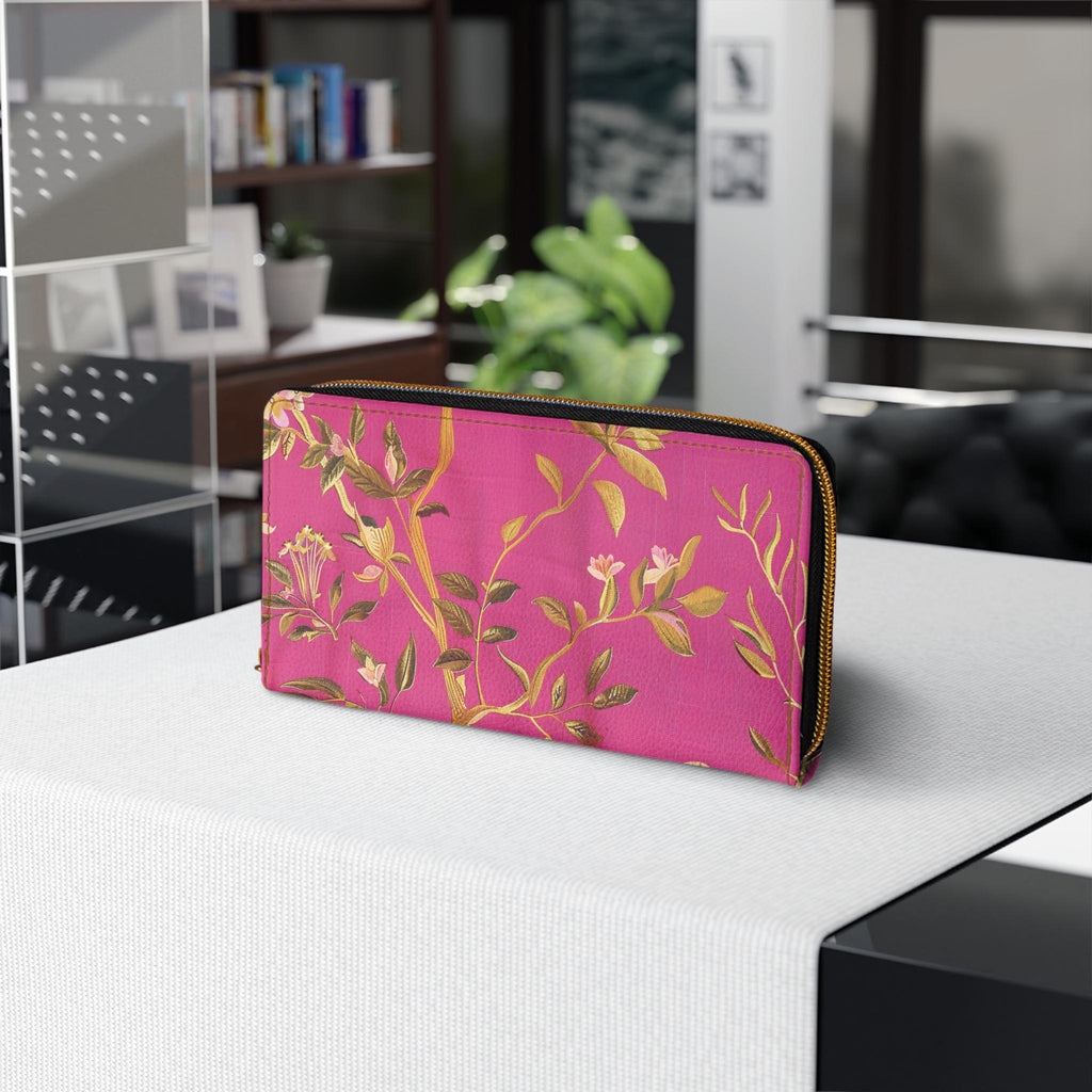 Gold Floral Vines Zipper Wallet | Pink Botanical Zip Wallet