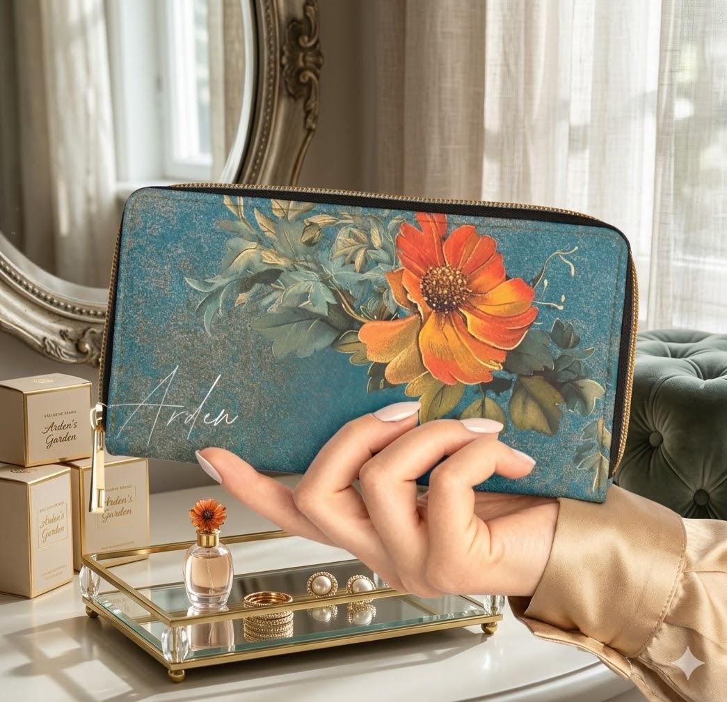 Orange Floral Wallet • Botanical Pattern Zipper Clutch • PCS Garden Accessory