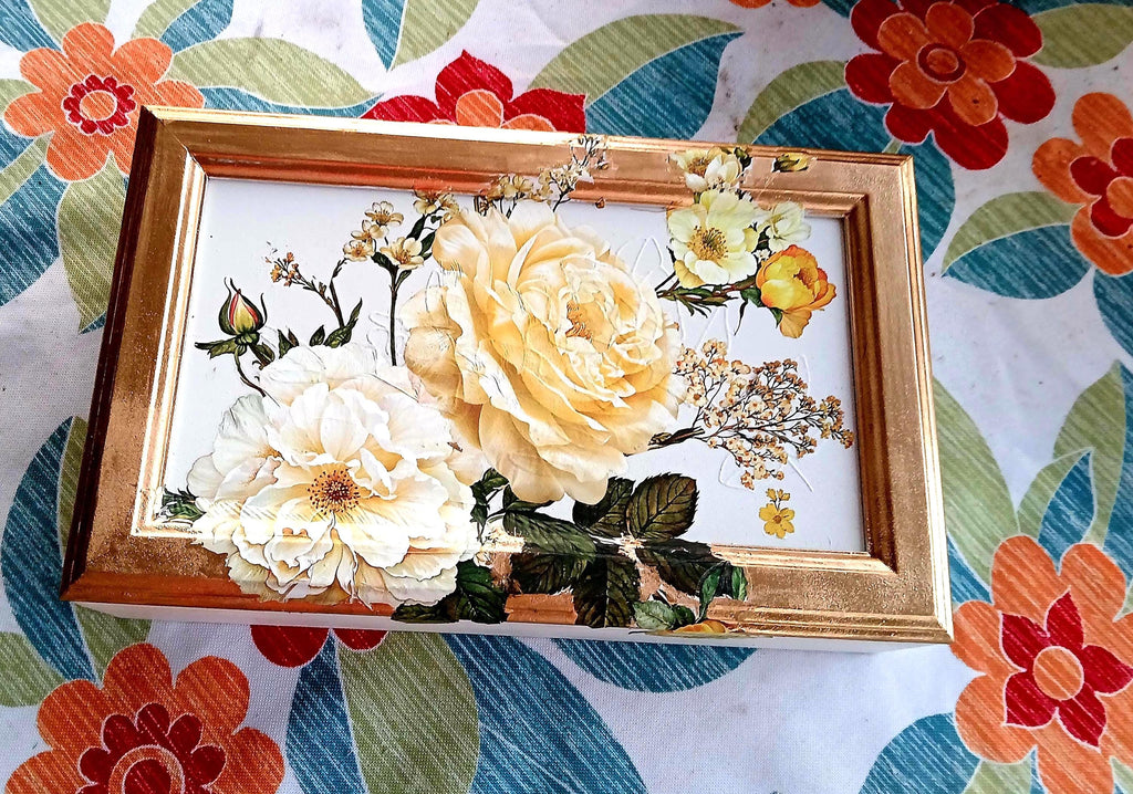 Refurbished Oak Jewelry Box • Cream & Yellow Botanical Keepsake Jewellery Chest